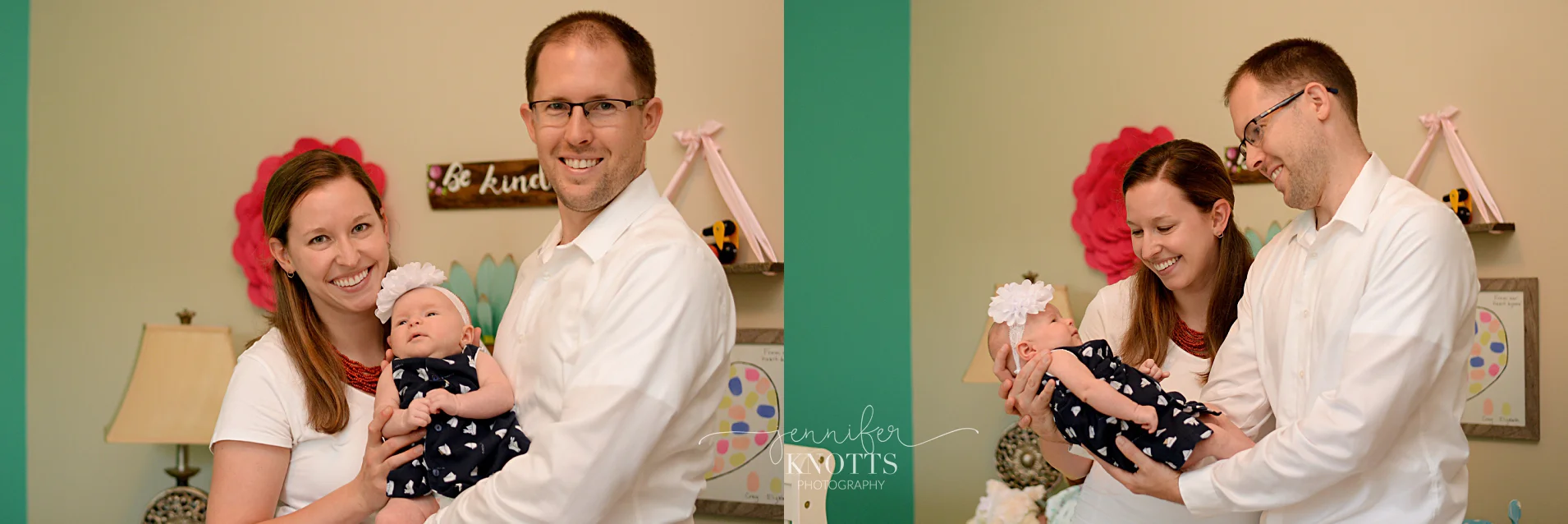parents hold baby girl in nursery during newborn session in wilmington