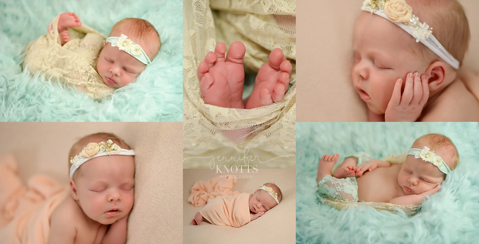 baby girl sleeps with feet exposed in color palette of beach and mint