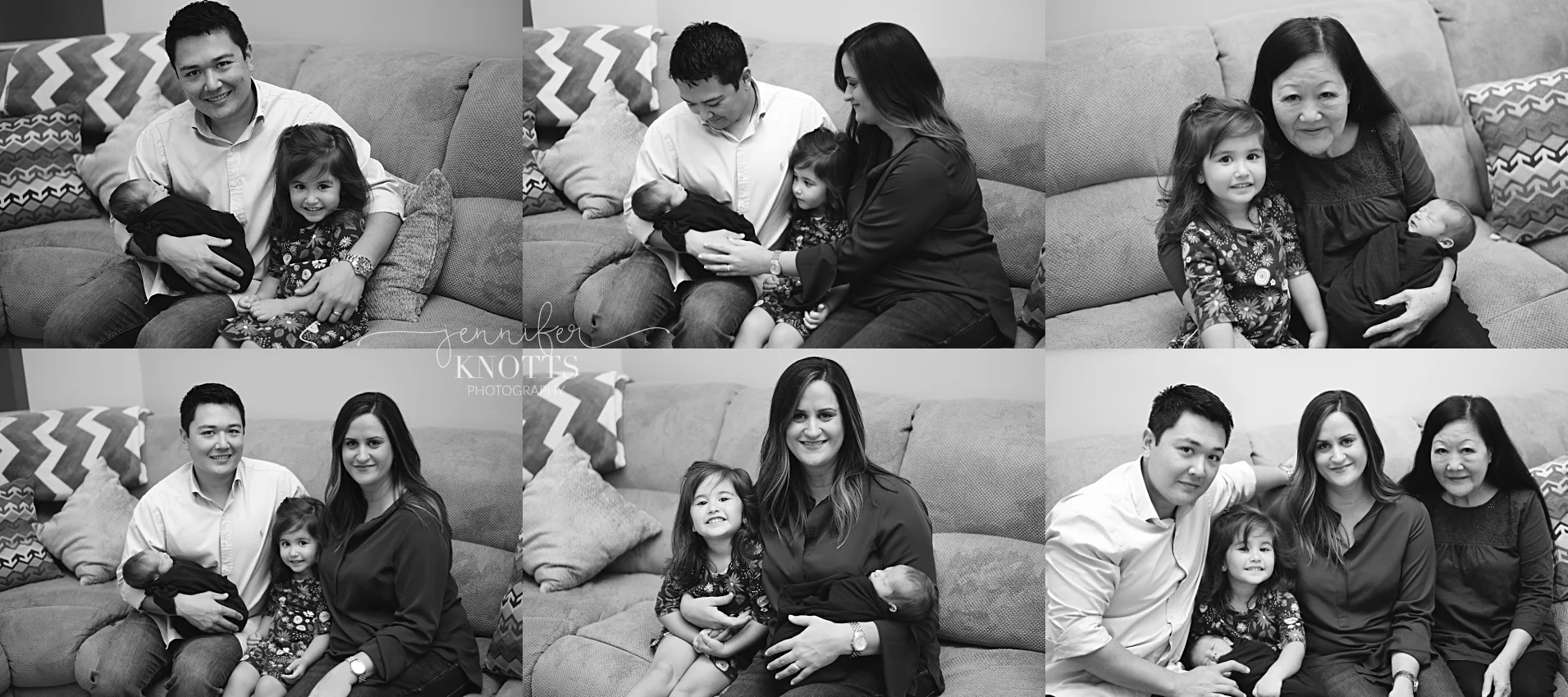 parents, grandma, and big sister hold newborn boy on couch