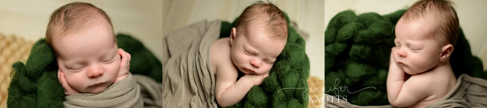 newborn boy on green fluff swaddled in tan fabric during Wilmington photography session