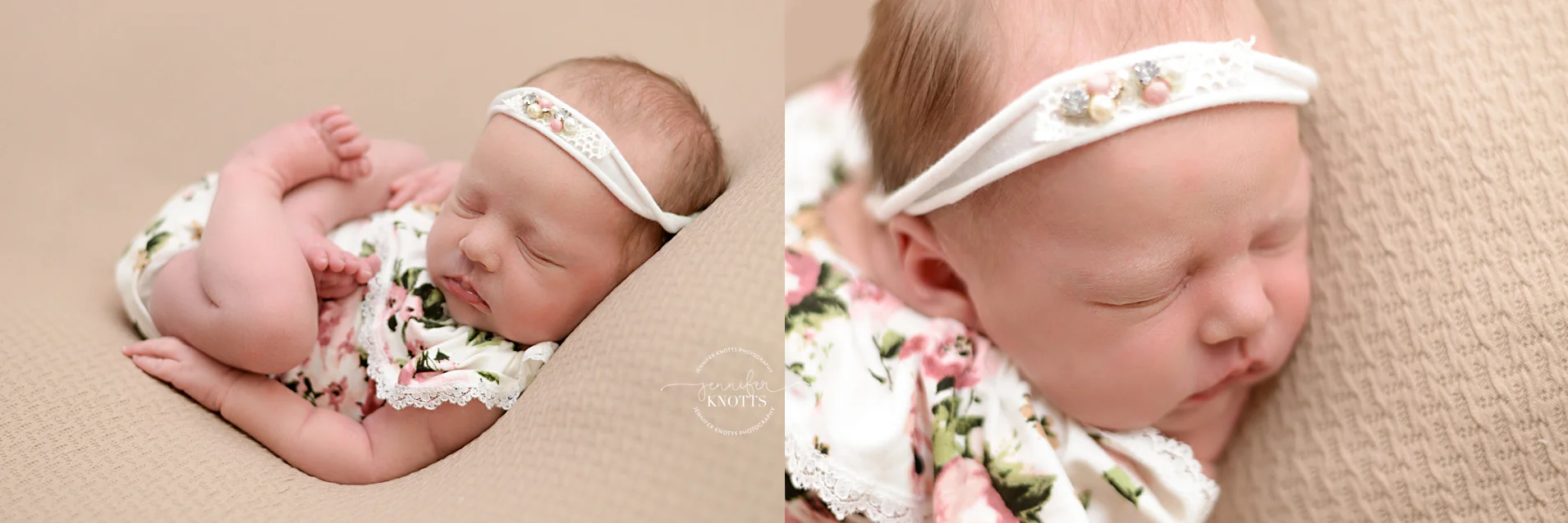 Wilmington photographer captures newborn girl sleeping on tan background wearing floral romper