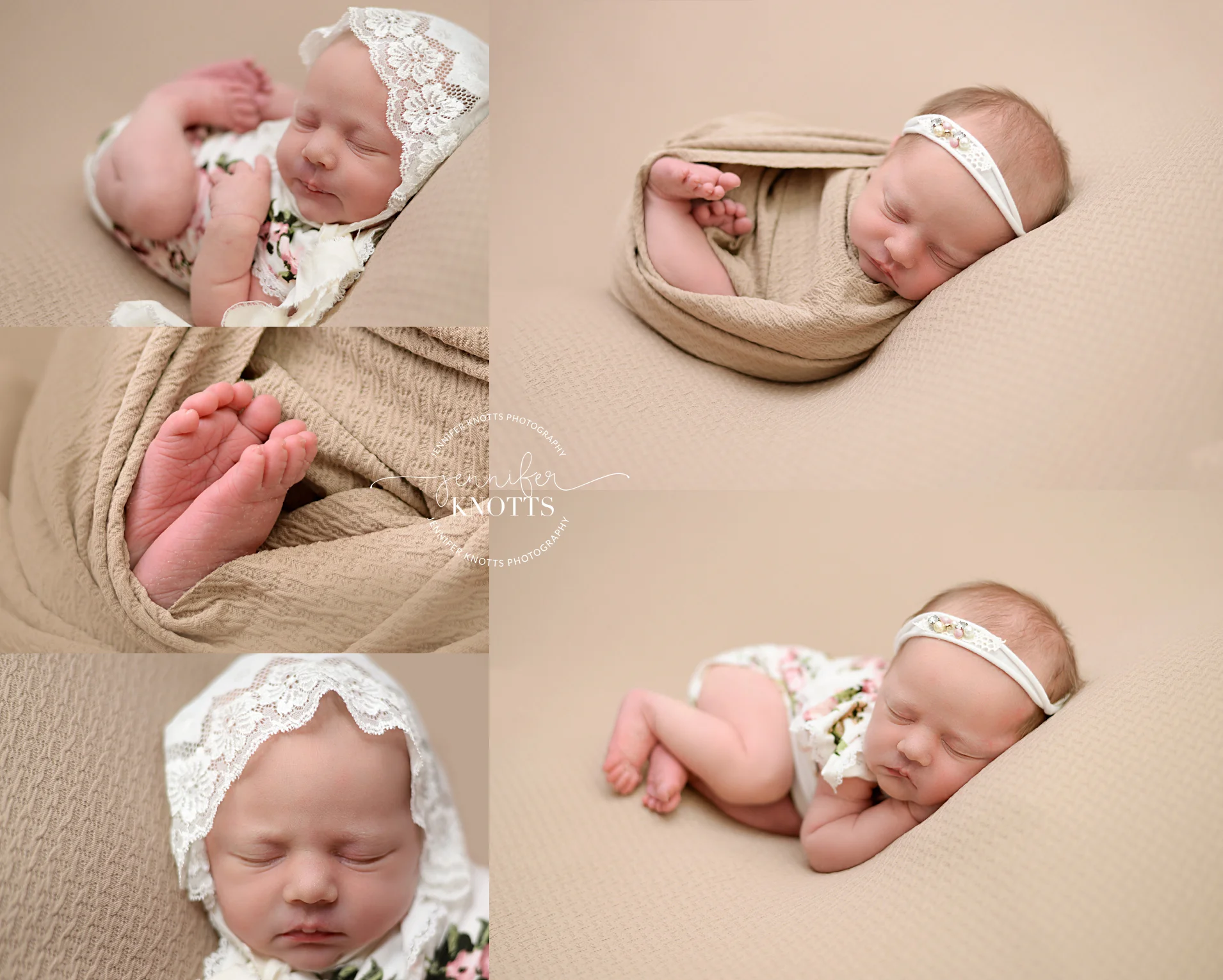 baby girl sleeps on tan fabric wearing floral outfit
