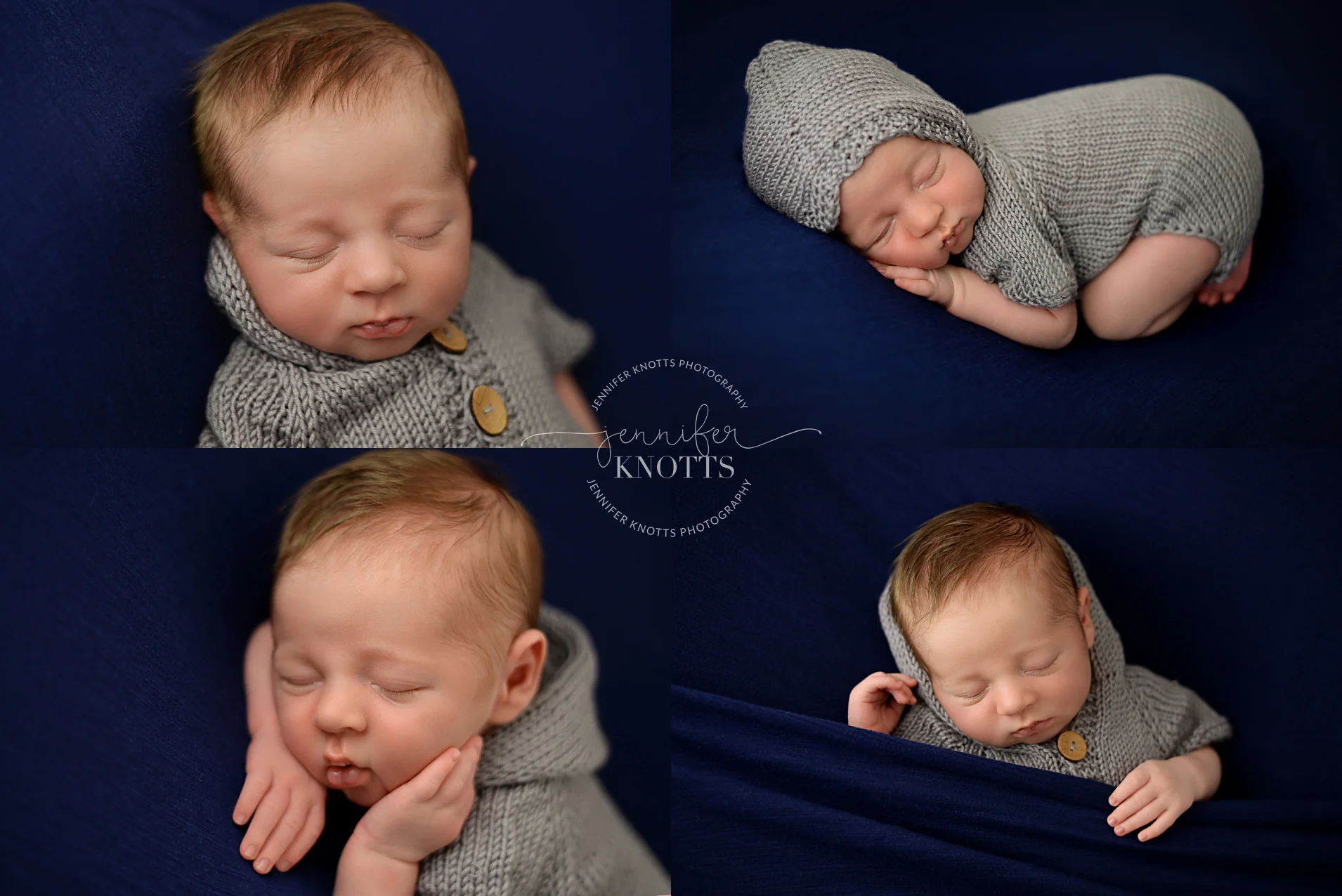 newborn baby boy dressed in gray romper sleeps on navy fabric