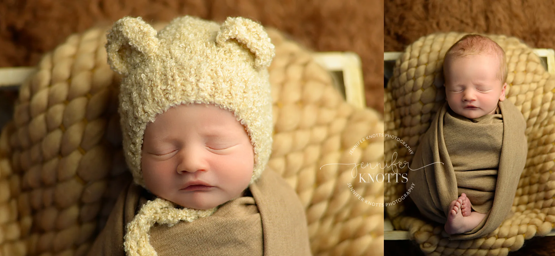 newborn boy sleeps with bear bonnet with tan color scheme