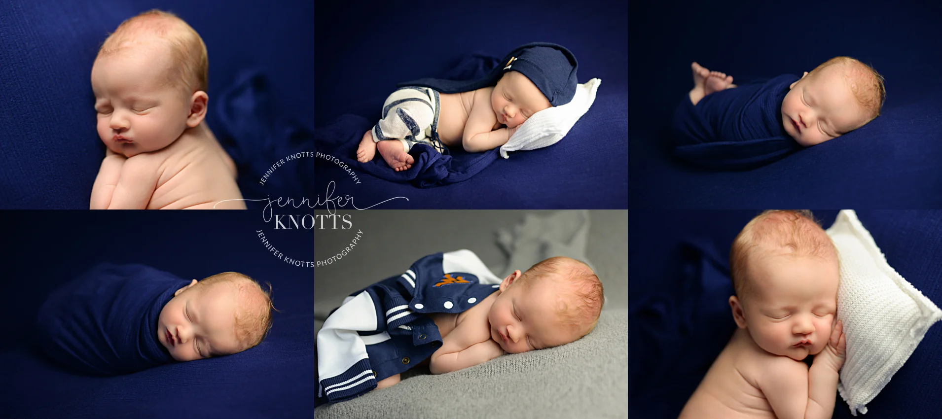 newborn baby boy sleeps on navy fabric during Wilmington newborn session