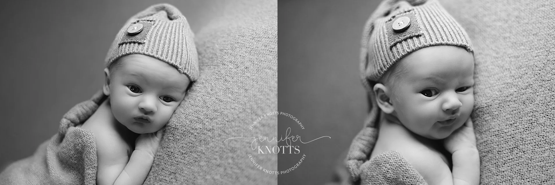 black and white images of baby boy wearing hat posed with eyes open