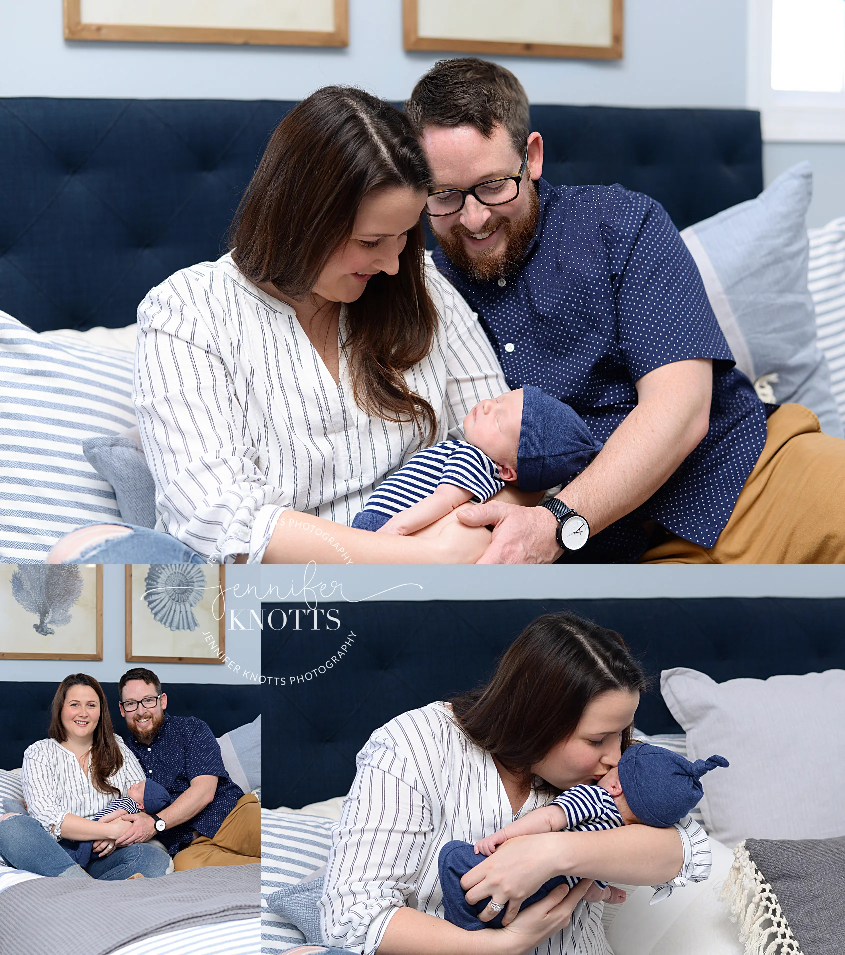 parents hold newborn baby boy on bed during Wilmington nc newborn session