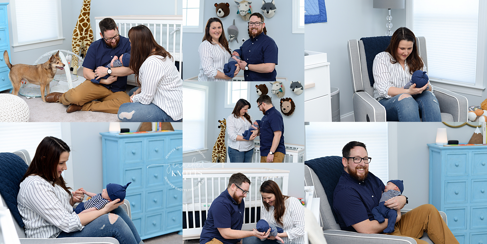 parents cuddle newborn son in blue and white Wilmington nc nursery