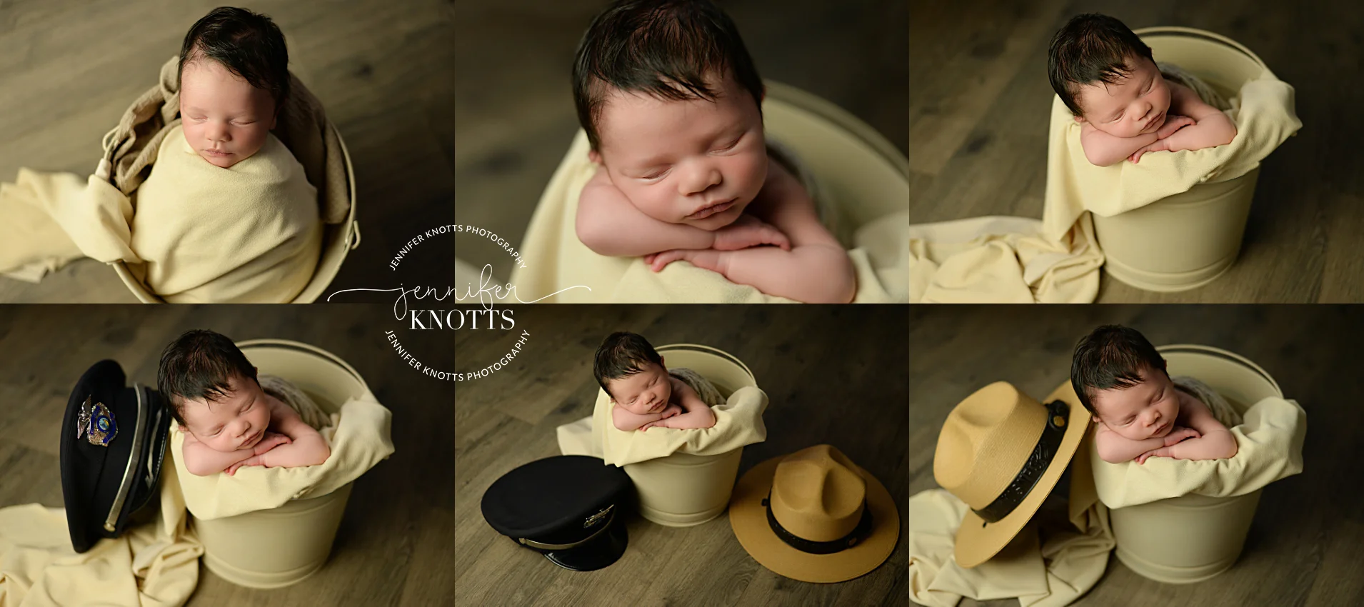 newborn boy sleeps in yellow bucket during newborn photography session