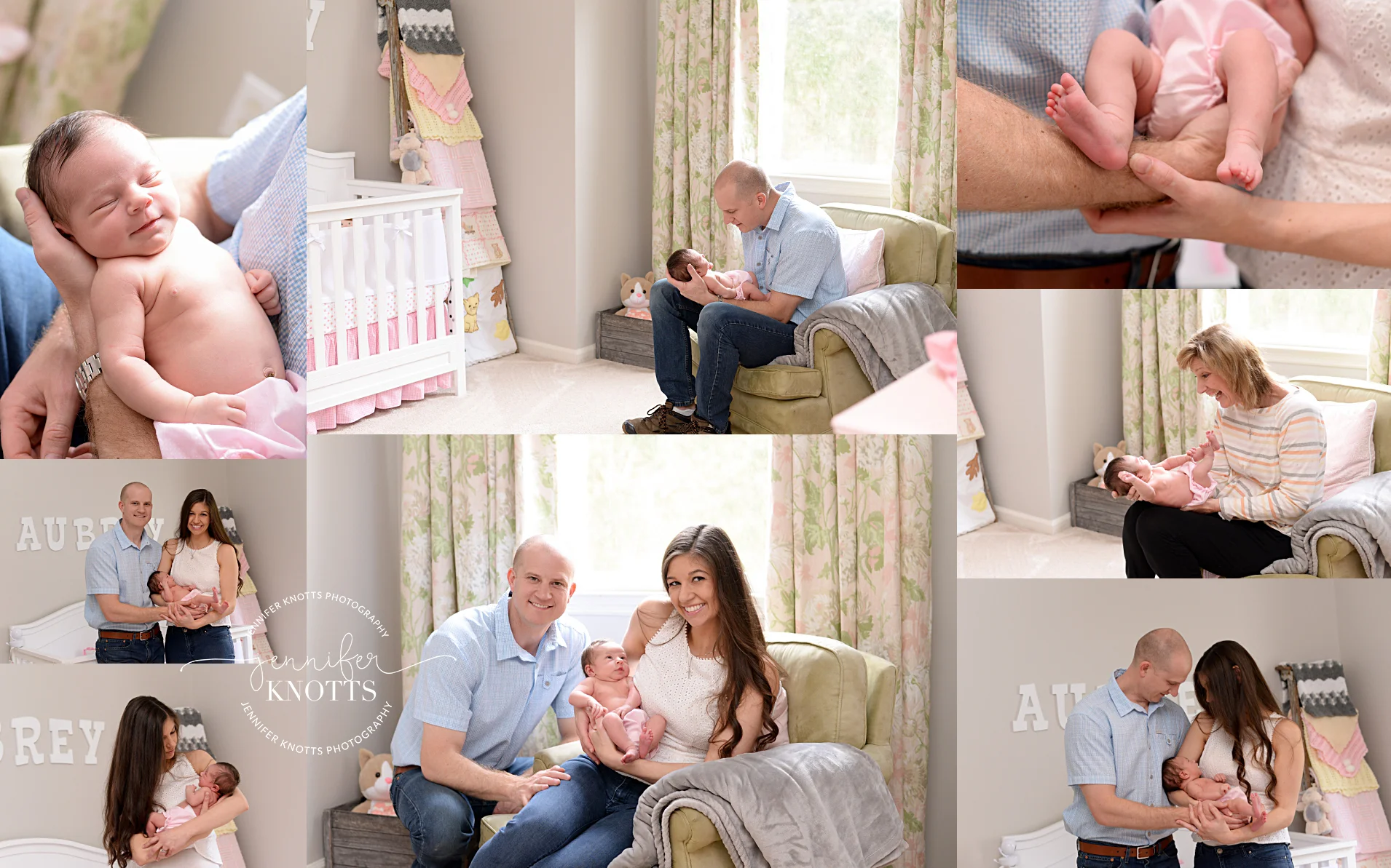 Newborn girl cuddled by parents in pink and green nursery