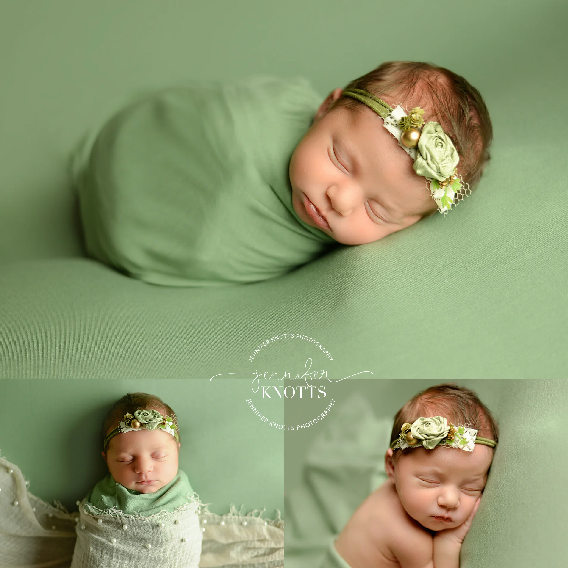 newborn girl posed on green fabric with pearl and floral accents