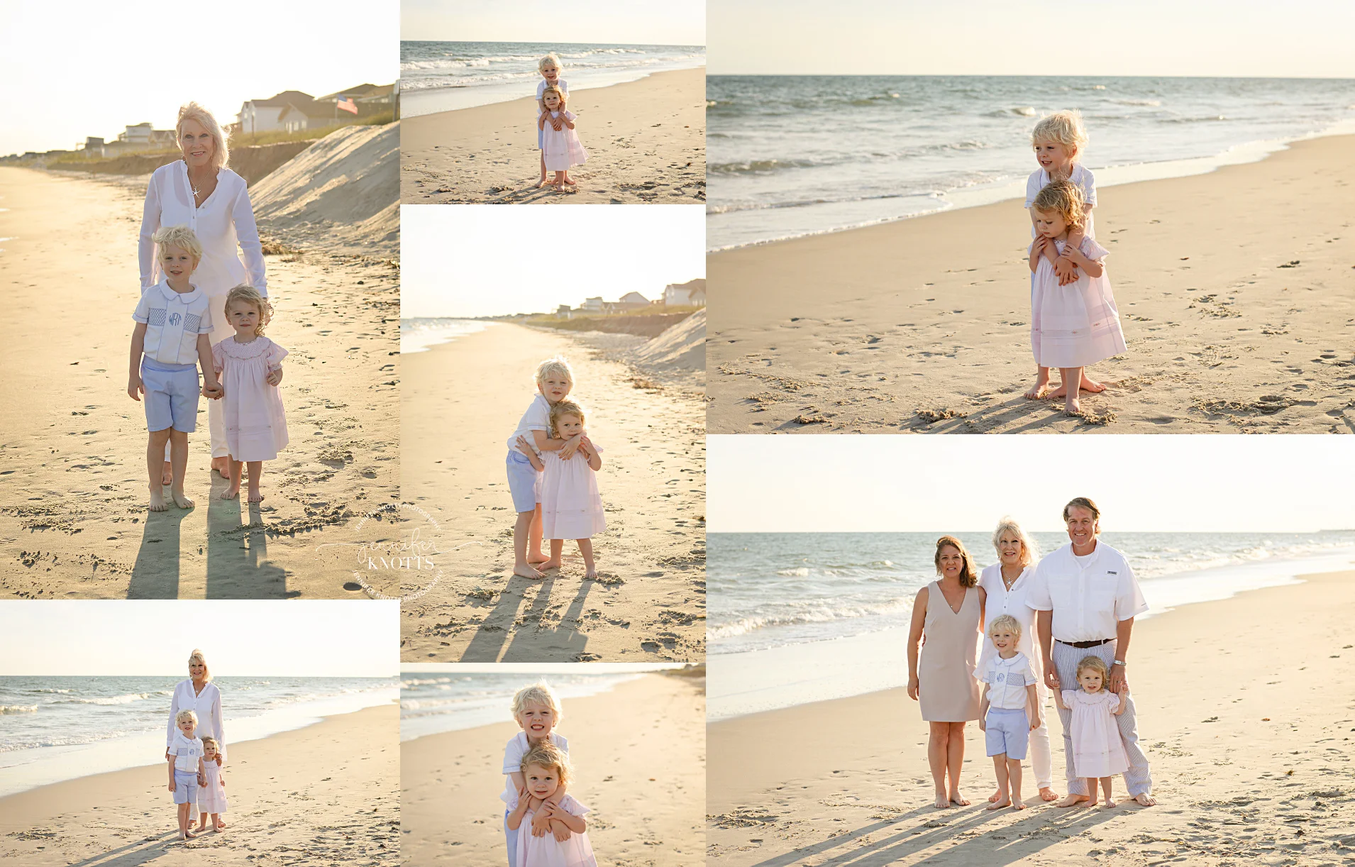 little boy and girl, along with family, play near water at the beach