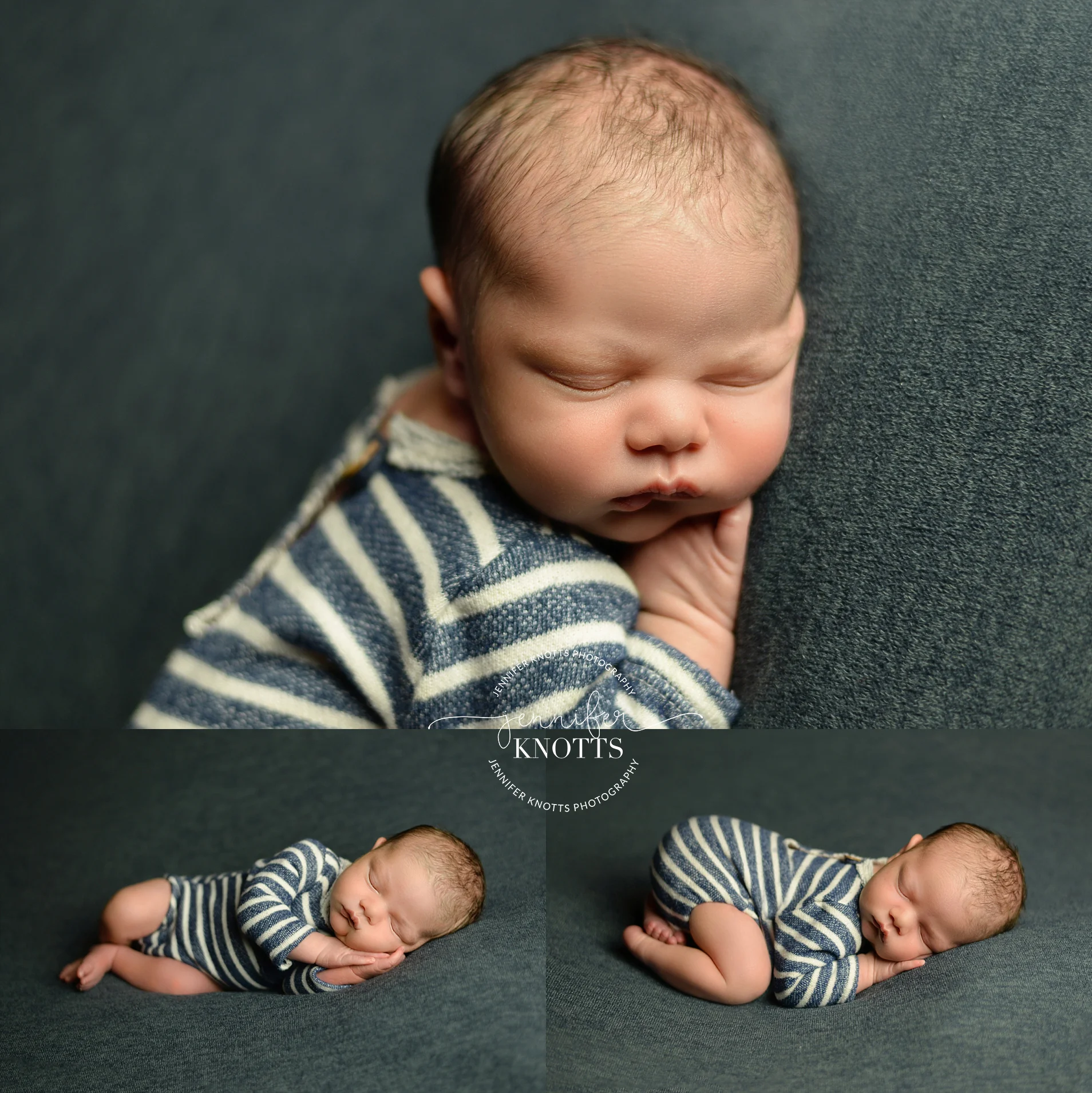 wilmington newborn photographer captures baby boy sleeping while posed in blue striped outfit