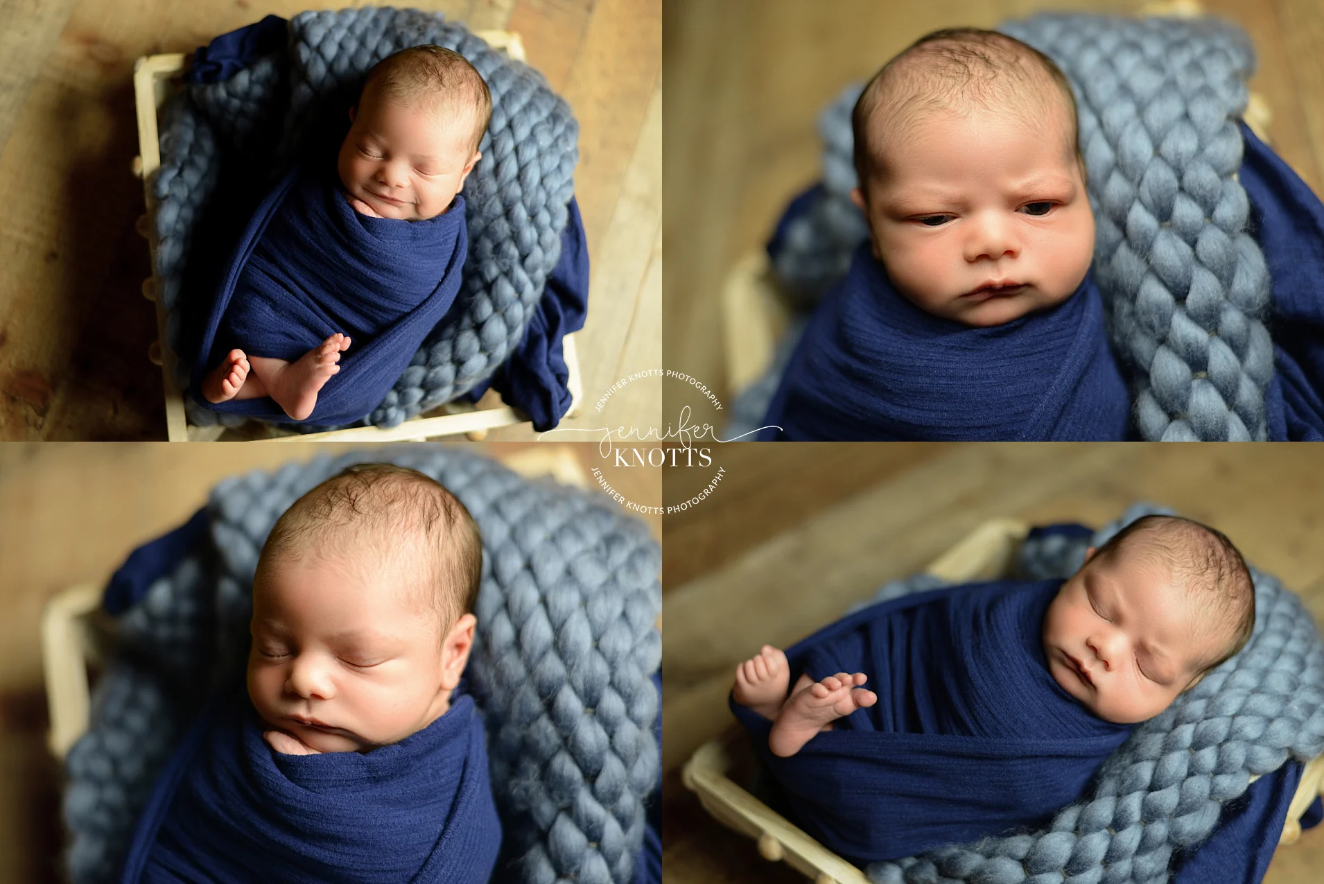 newborn baby wrapped in blue smiles and sleeps