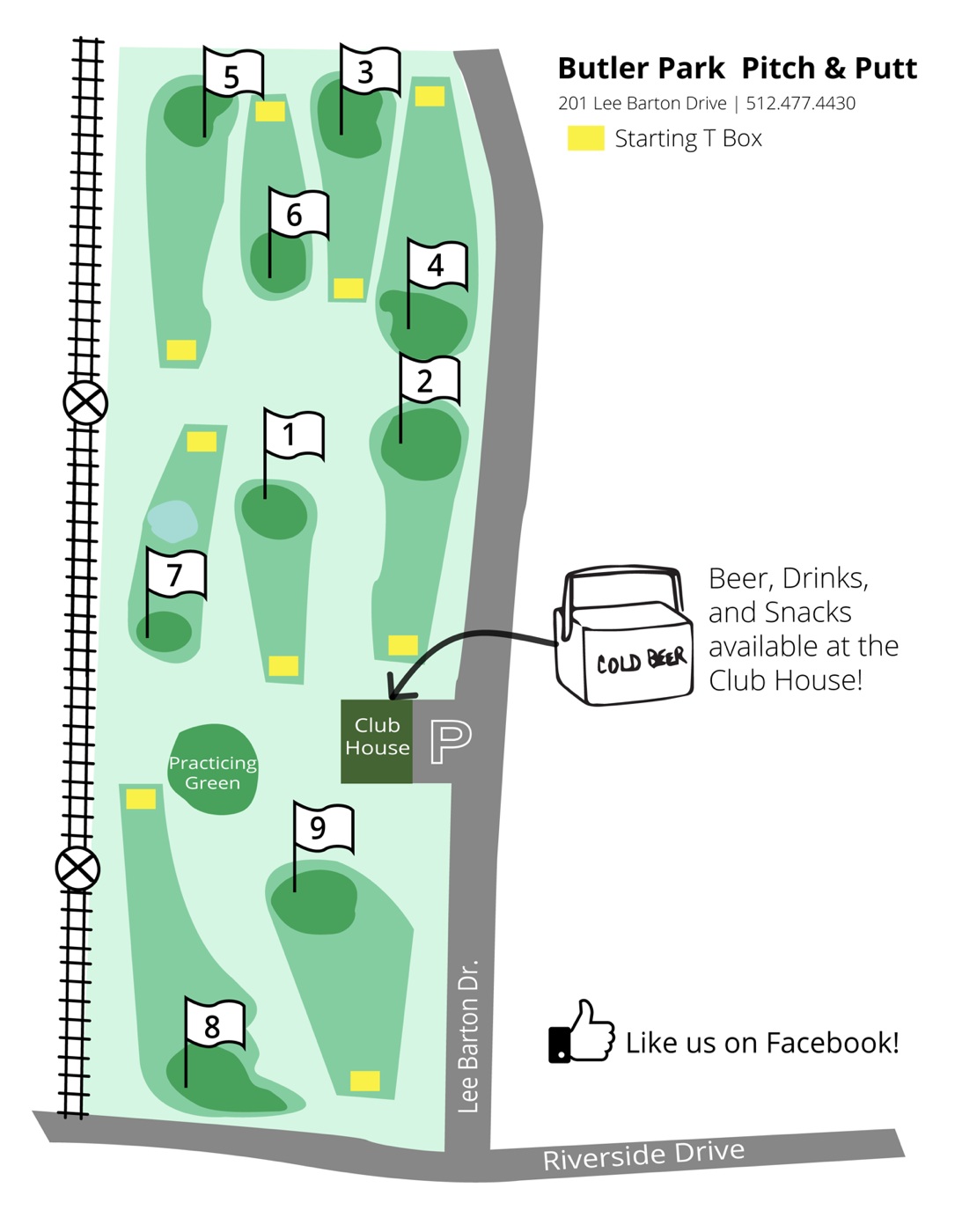 MAP REDESIGN - Our new map design was created to be easy to read from the clubhouse. Additionally, the owner mentioned the desire to grow their audience on Facebook and sales from refreshments.