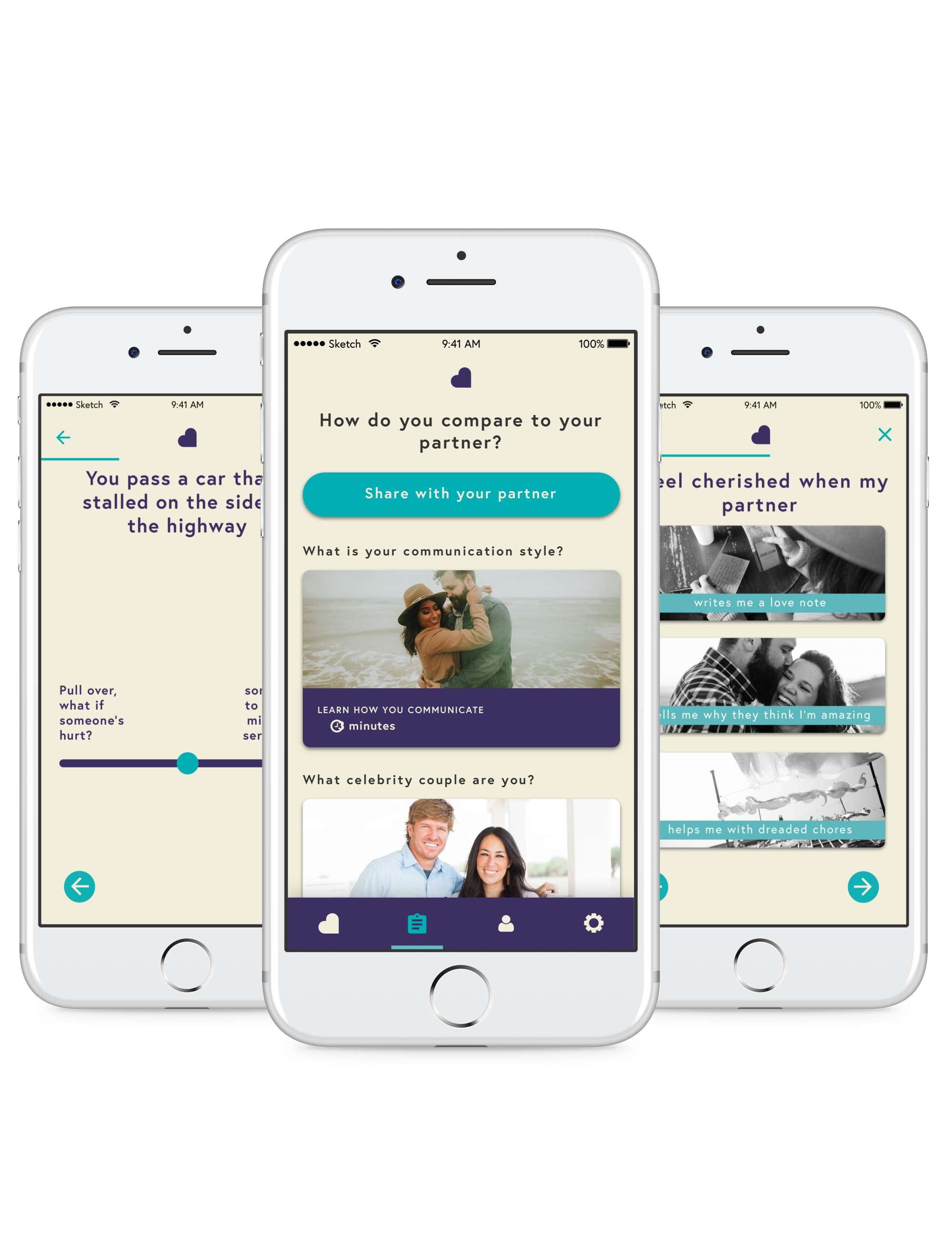 Quizzes The quizzes act as the brain of the app, influencing their Love Personality, personalized daily LoveTips, and how Love Intently interacts with each user. Quizzes range from identifying communication styles quizzes to utilizing pop culture references. (i.e., What celebrity couple are you most like?)