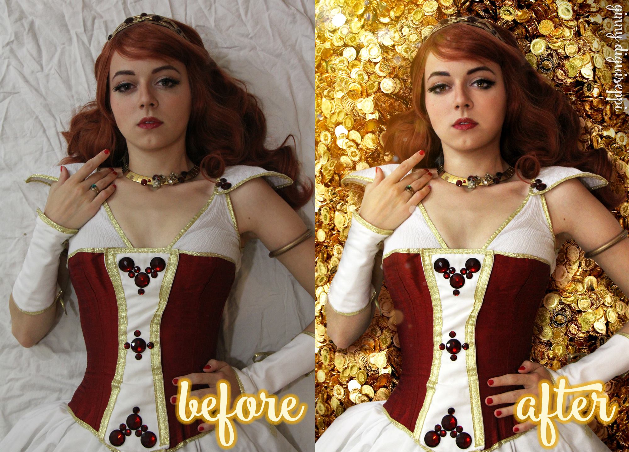 A photo before & after photo editing Cosplayer: Ginny Di , Photographer: Kaitlin Langston