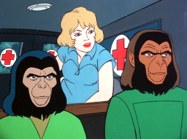 Apes movie regulars Jirra and Cornelius with Judy, the series human female protagonist. 