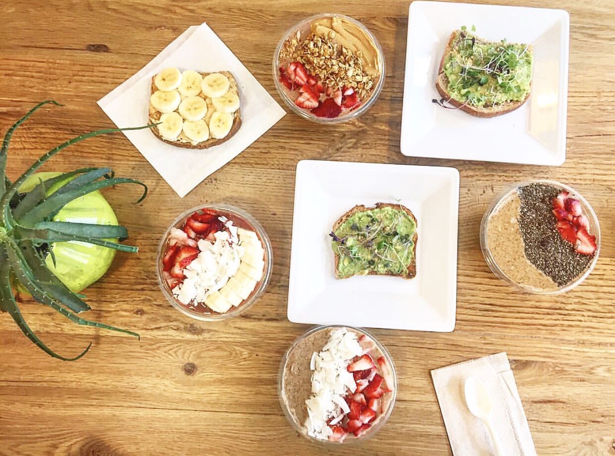 Acai Bowls: Strawberries, coconut flakes, bananas, almond butter, chia seeds, granola & peanut butter. Avocado Parmesean Toast & Fluffernutter Toast