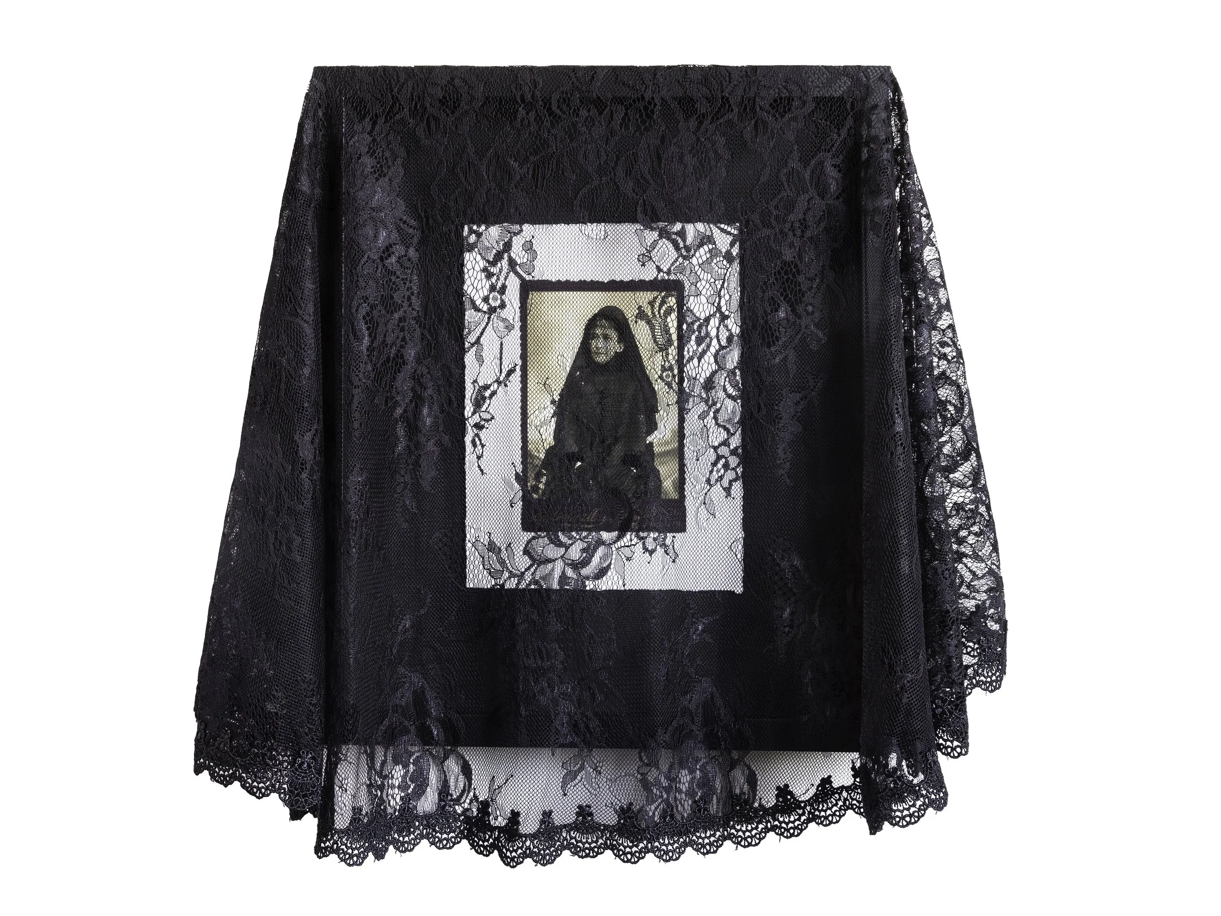 Black lace jacket with a graphic print in the center featuring a woman in dark clothing and an ornate frame.