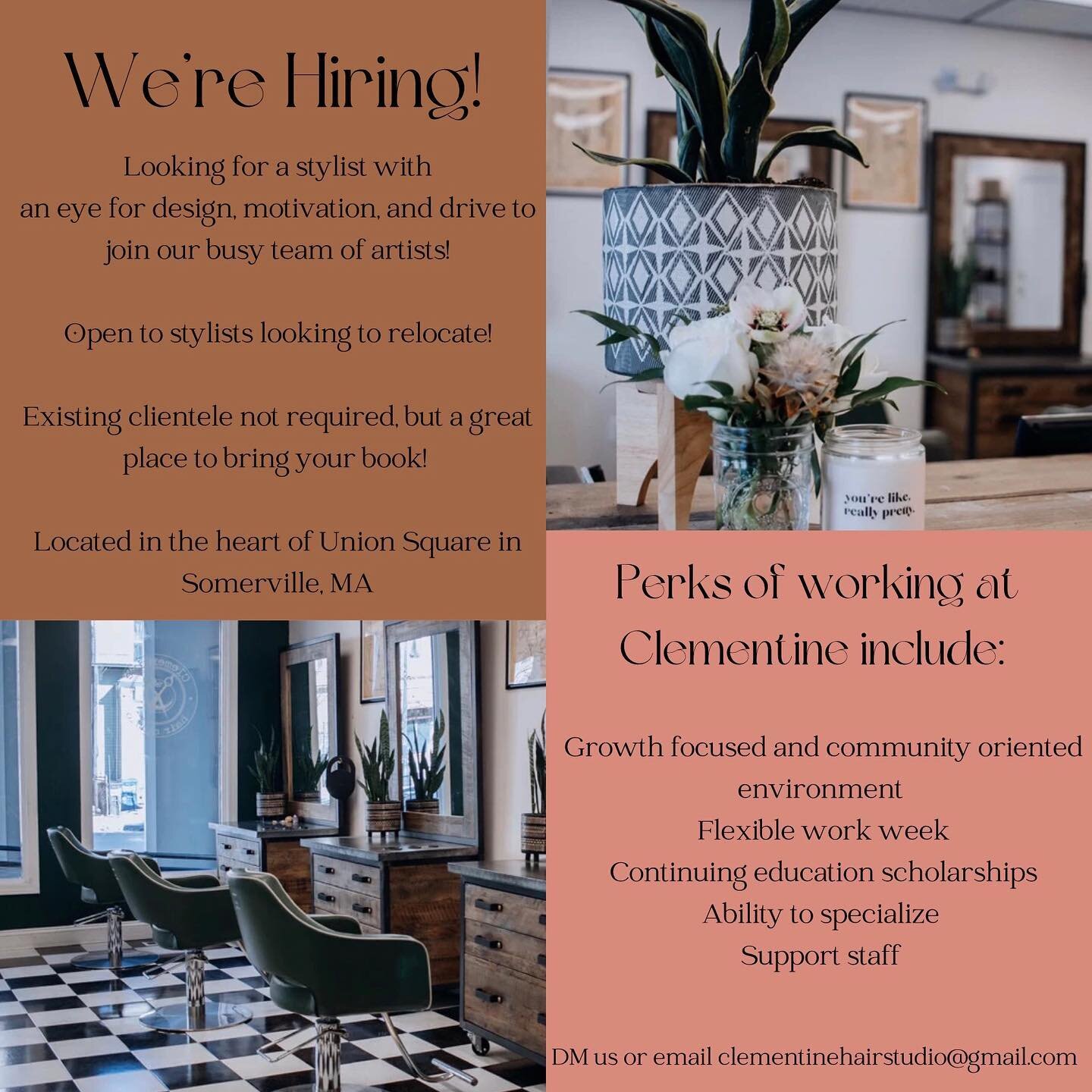 ✨NOW HIRING✨
That&rsquo;s right! We are looking to add to our dream team of stylists! Clementine was born from a need to create space in this industry for a collaborative, supportive, ego-free, and growth focused spot. We&rsquo;d love to welcome a fe