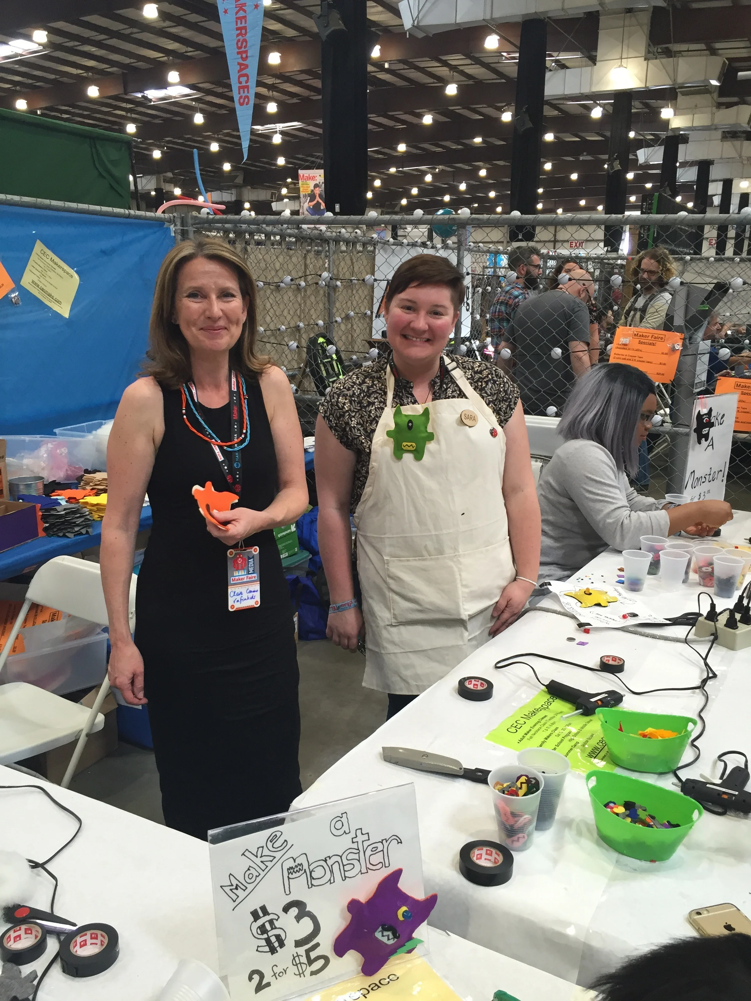 Claire with community makerspace manager Sara Bolduc, set for a session helping kids of all ages make mini led monsters. CEC makerspace is a community makerspace in Novato, Marin, California