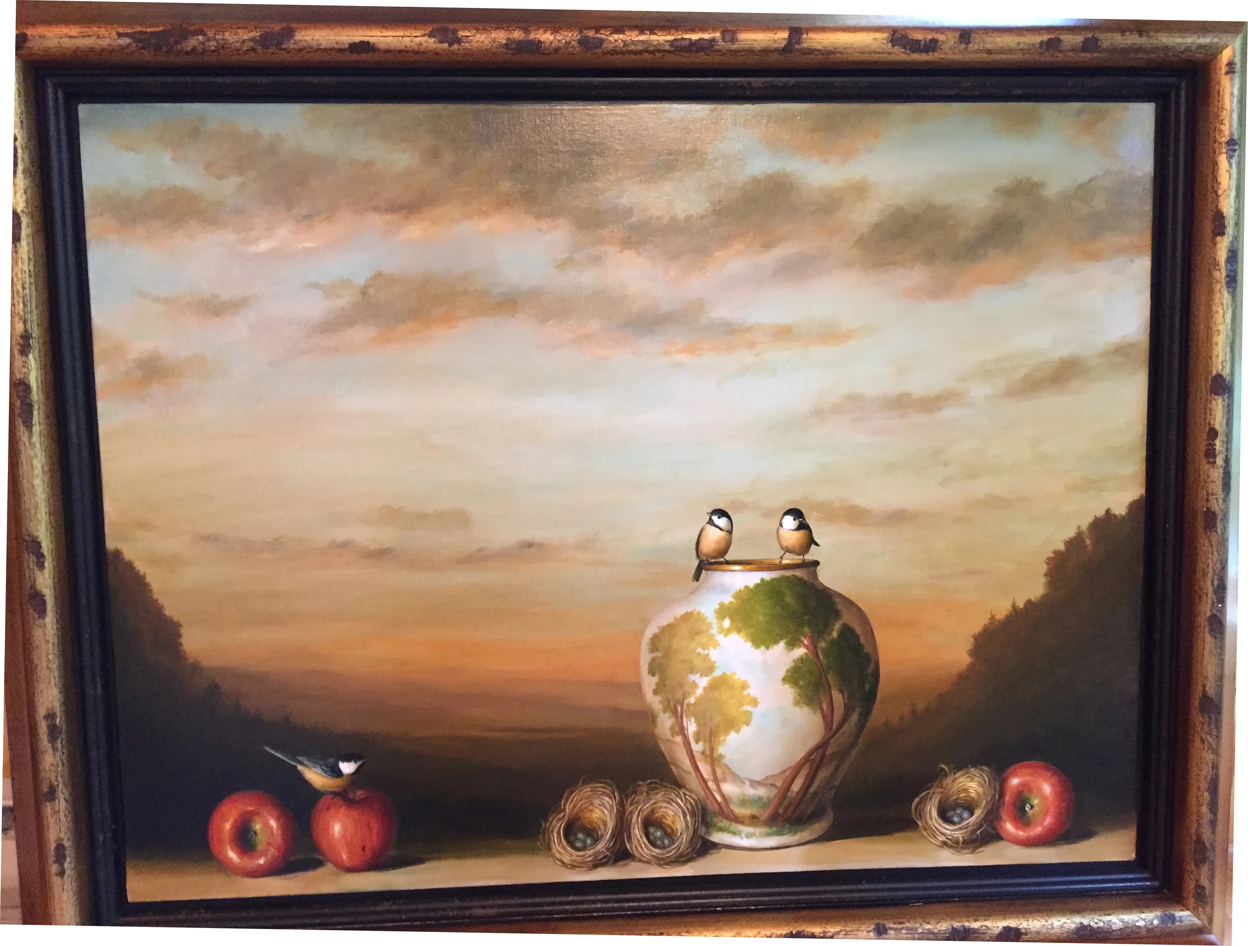Vase, nests, and apples