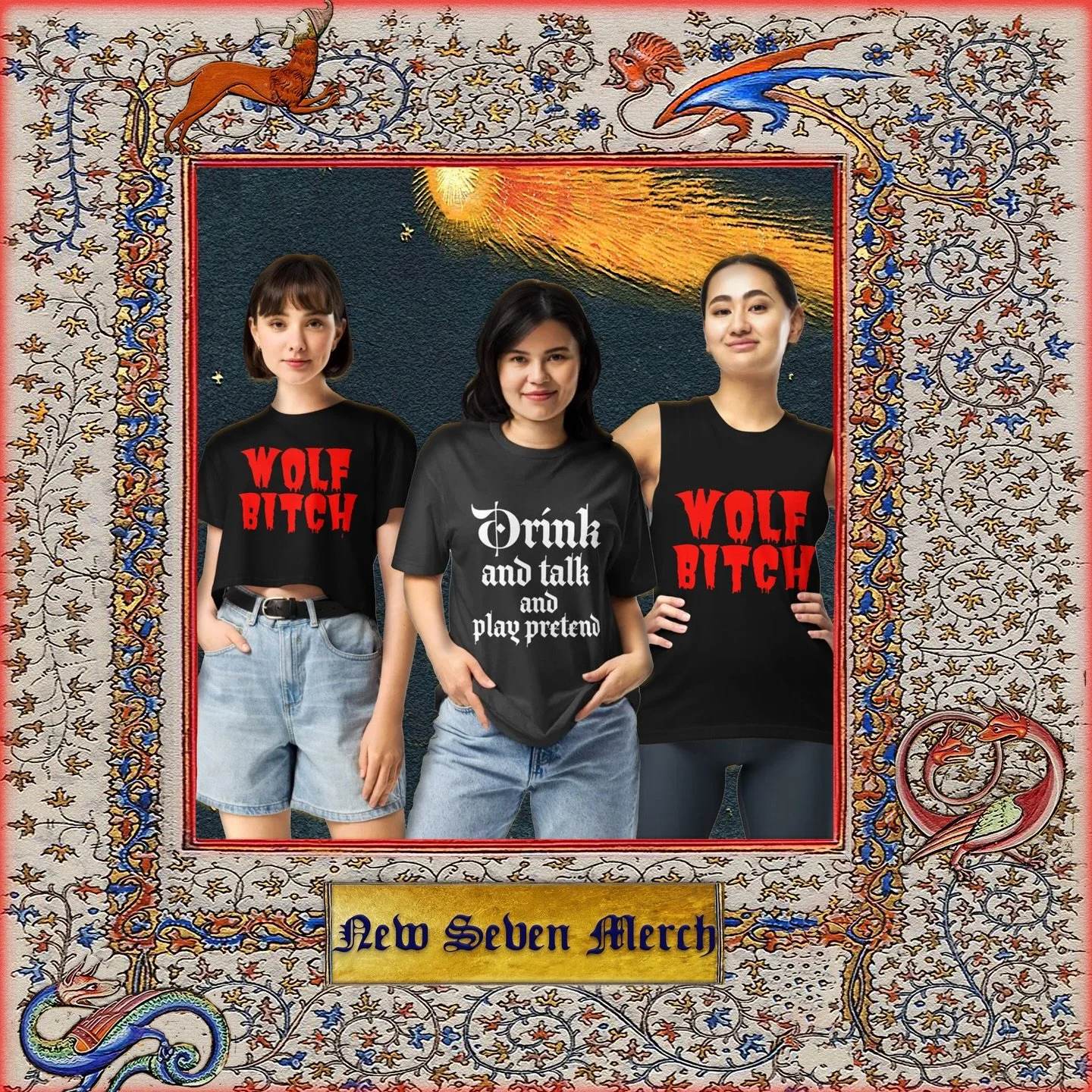 Ye Olde Wolf Bitch tee is back! 🐺🗡️ we made this iconic design ten years ago, and for the big anniversary you can now buy them again, with new variations like crops &amp; tanks&hellip; plus a brand new SEVEN design, and more !! in our ✨new Printful