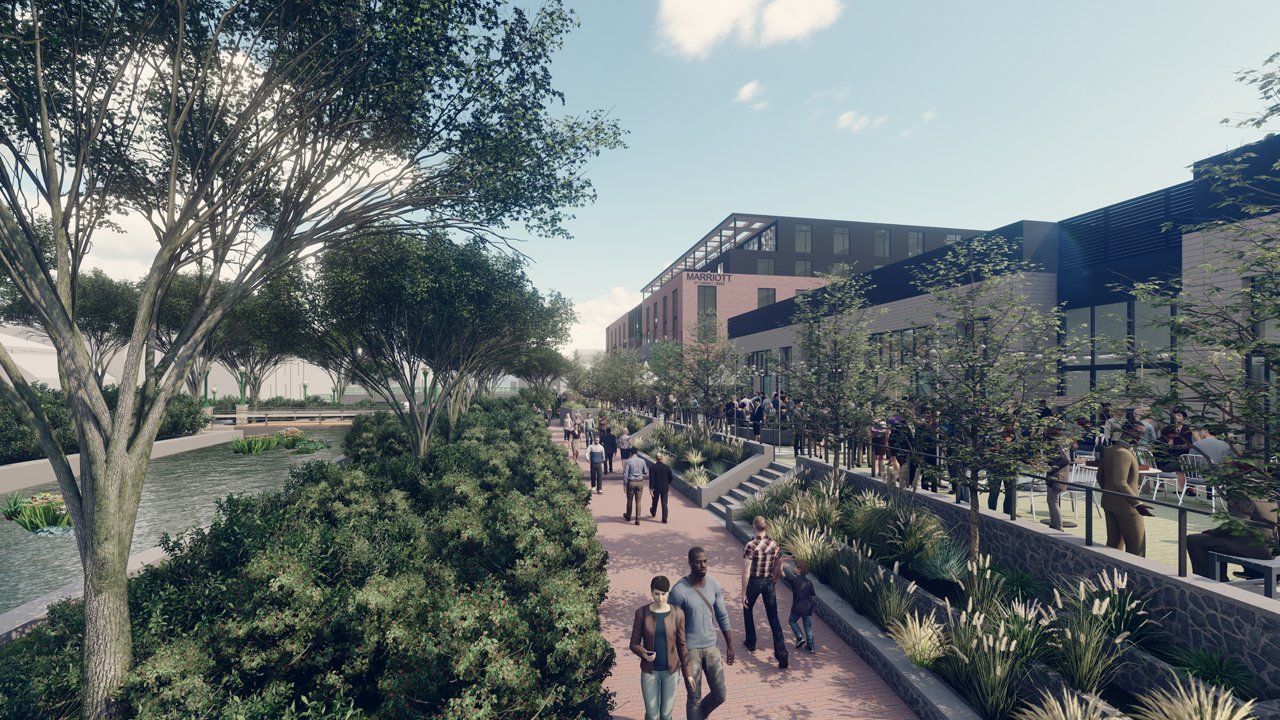 Rending of Marriott Downtown Frederick at Carroll Creek as seen from the Carroll Creek.