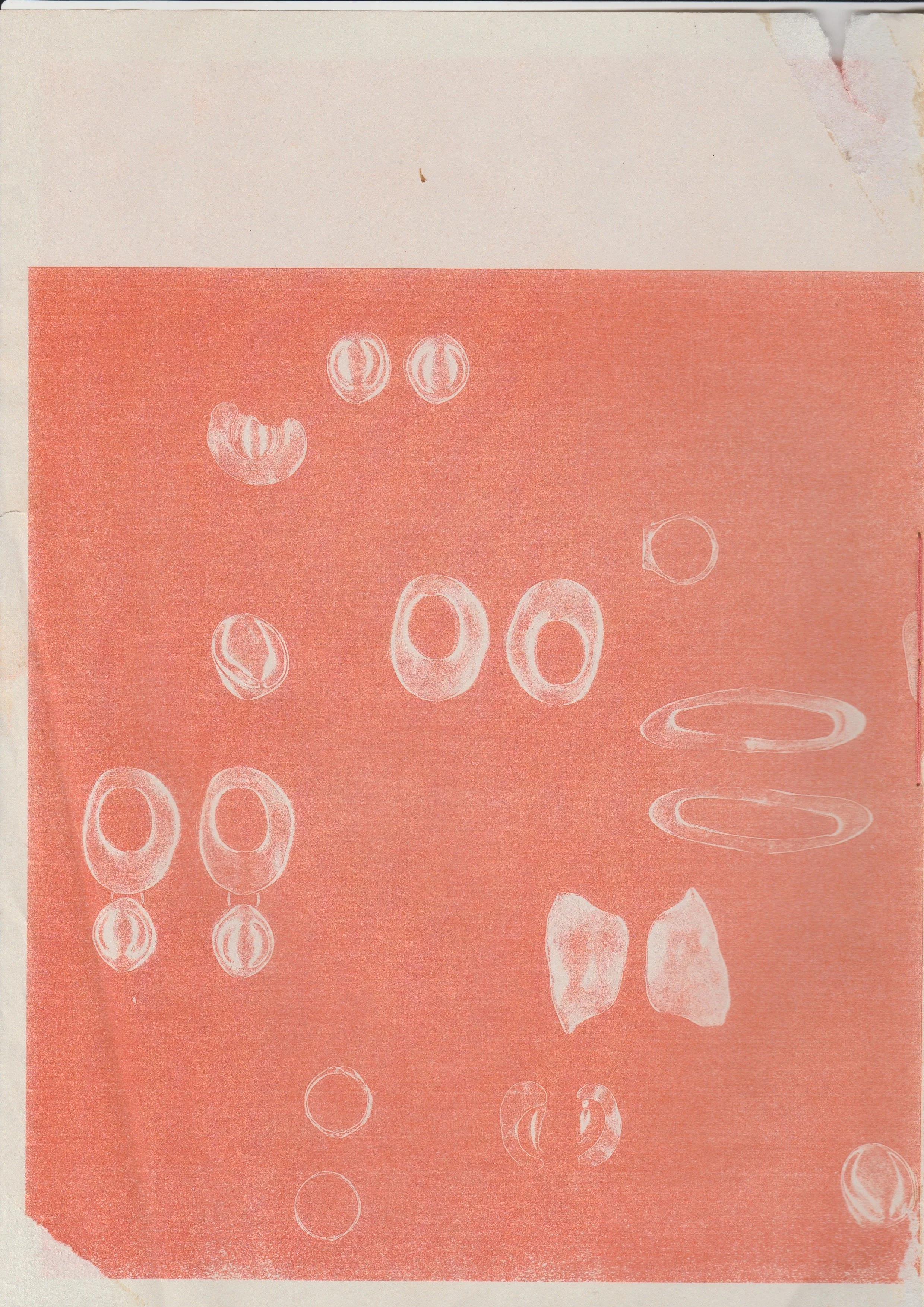 A sheet of red riso print paper with white outlines of jewellery, some torn at the edges.
