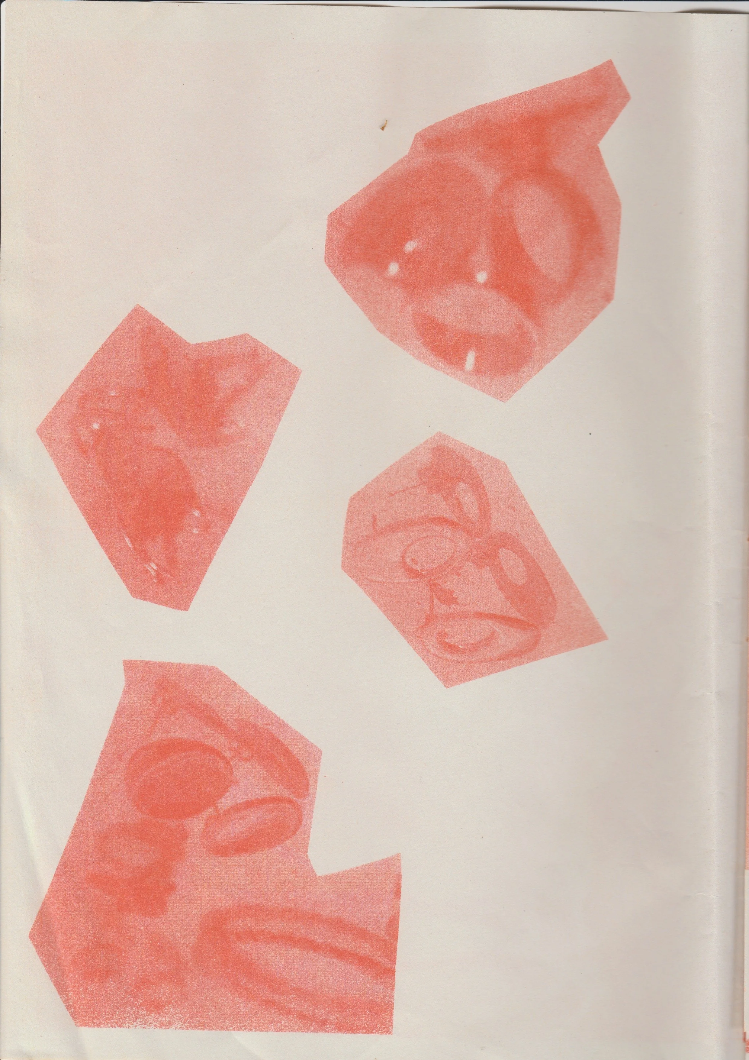 Five red-toned images of facial features and glasses arranged randomly on a white background.