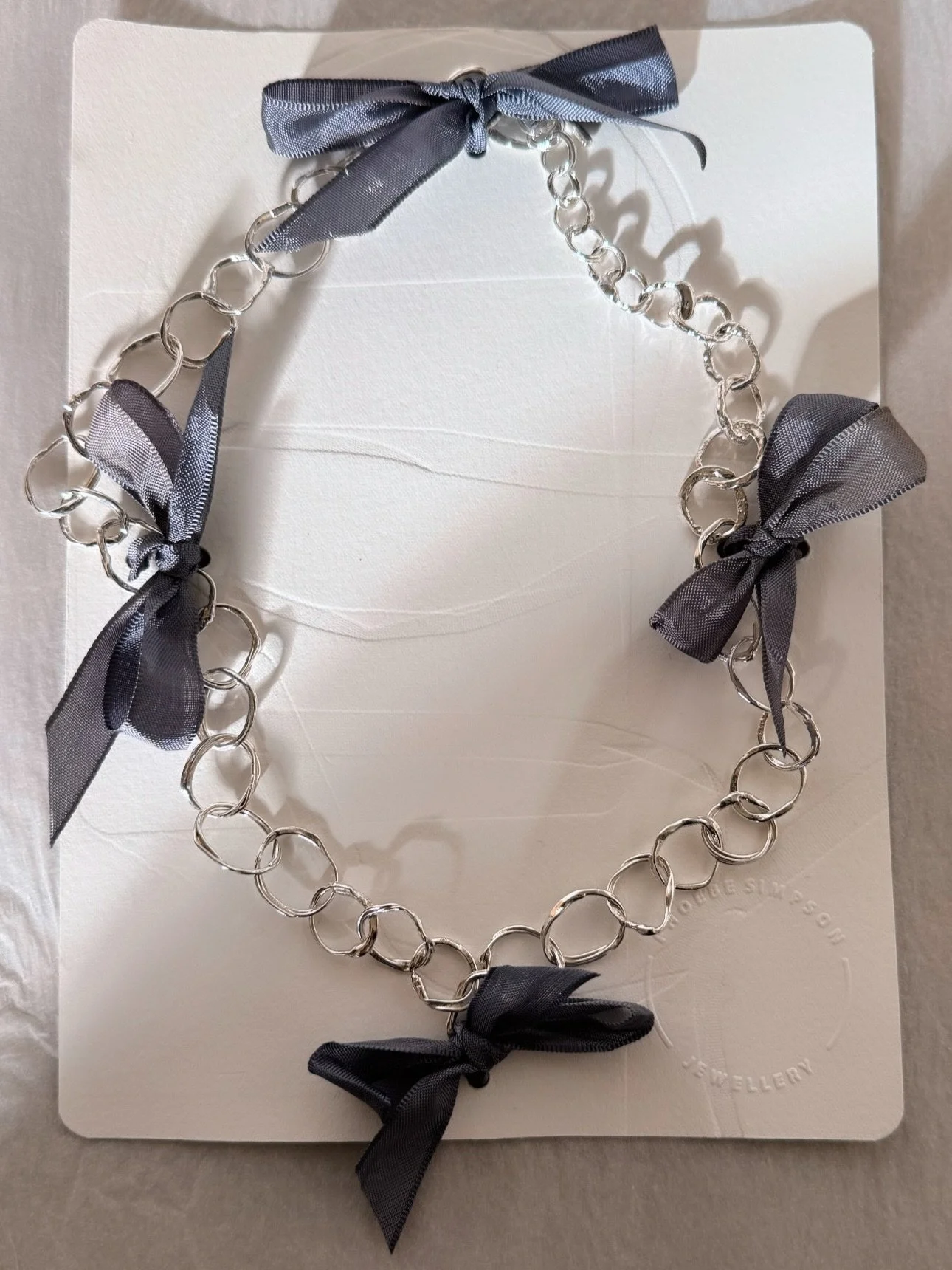 Packing up and sending out all your Hemingway Necklace pre-orders today. Each one is wrapped in hand-printed, blind-embossed packaging and tied with vintage silk ribbon I&rsquo;ve collected from antique fairs over the years. A small detail I&rsquo;ve