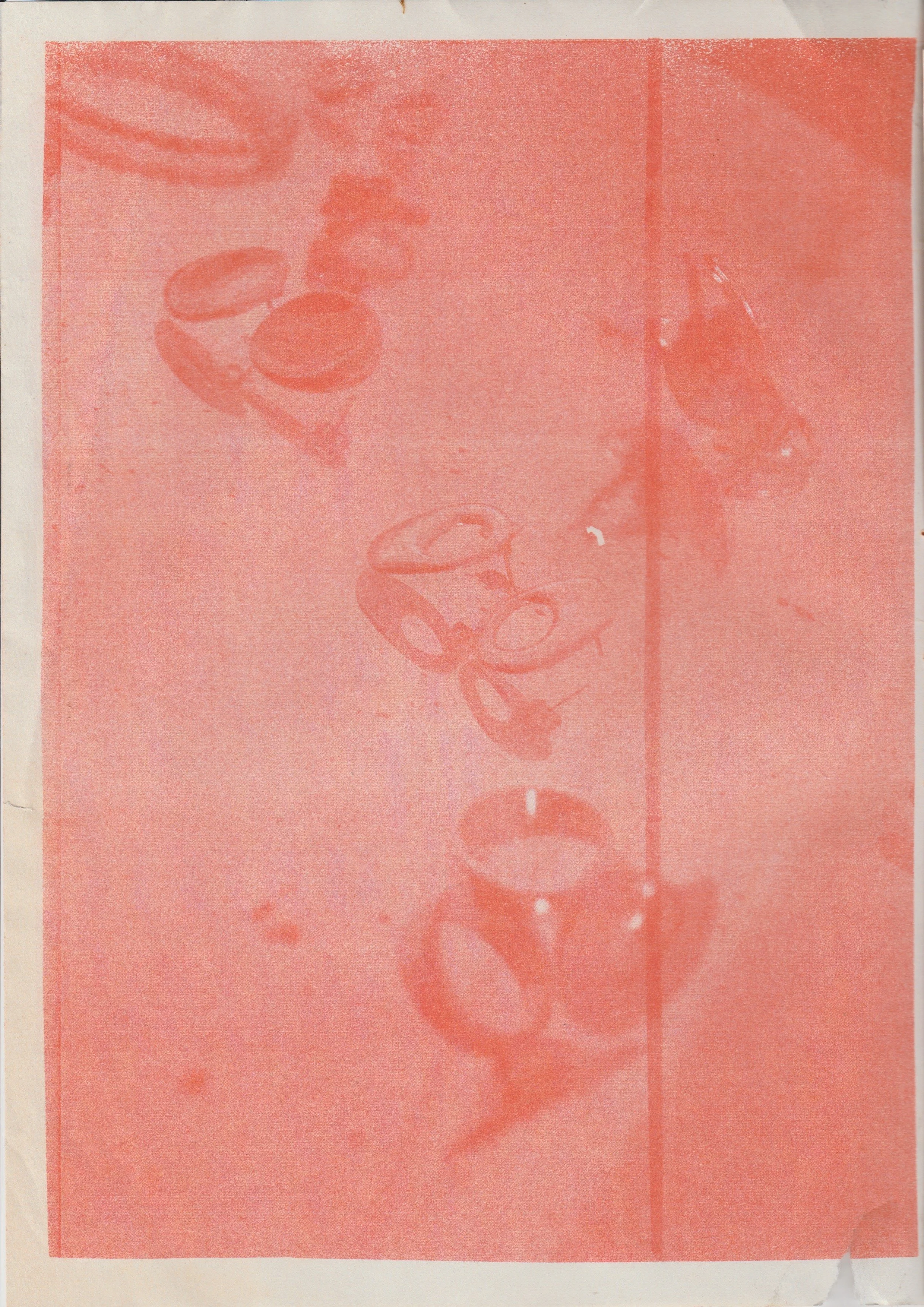 A faded red riso print with the word 'LOVE' written vertically in cursive and overlapping glasses icons.