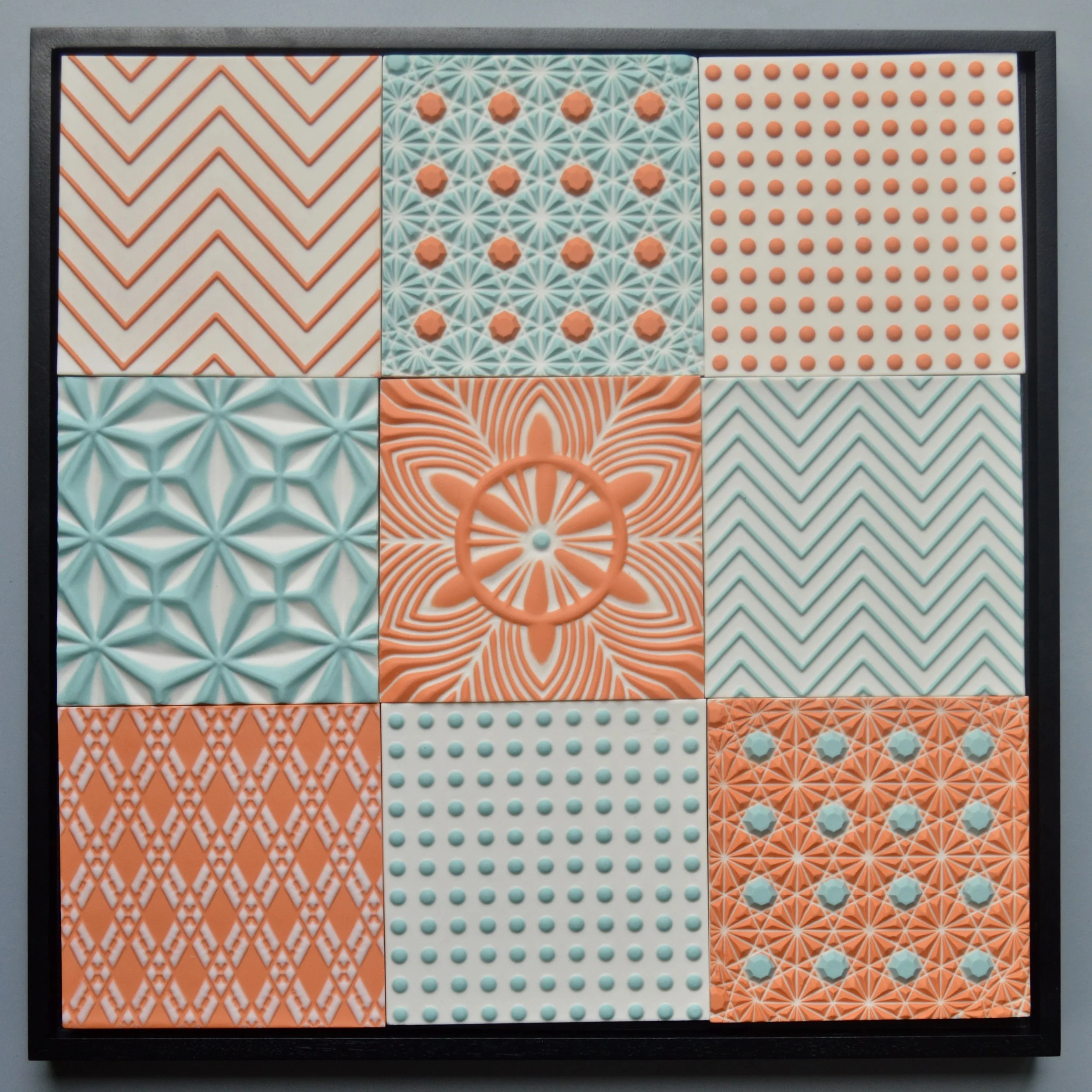 Turquoise, orange and white tiles, 12"x12"