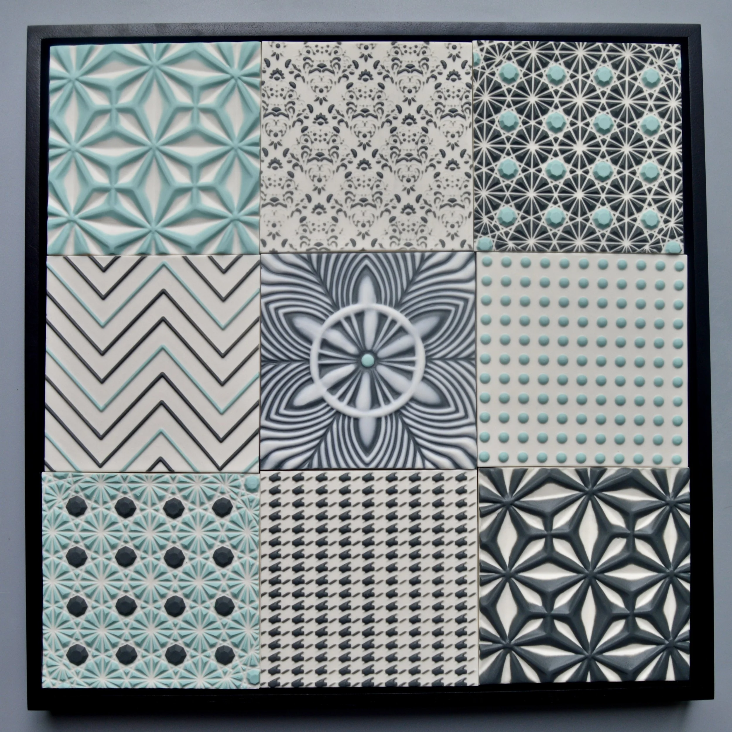 Dark grey, turquoise and white tiles, 12"x12" 