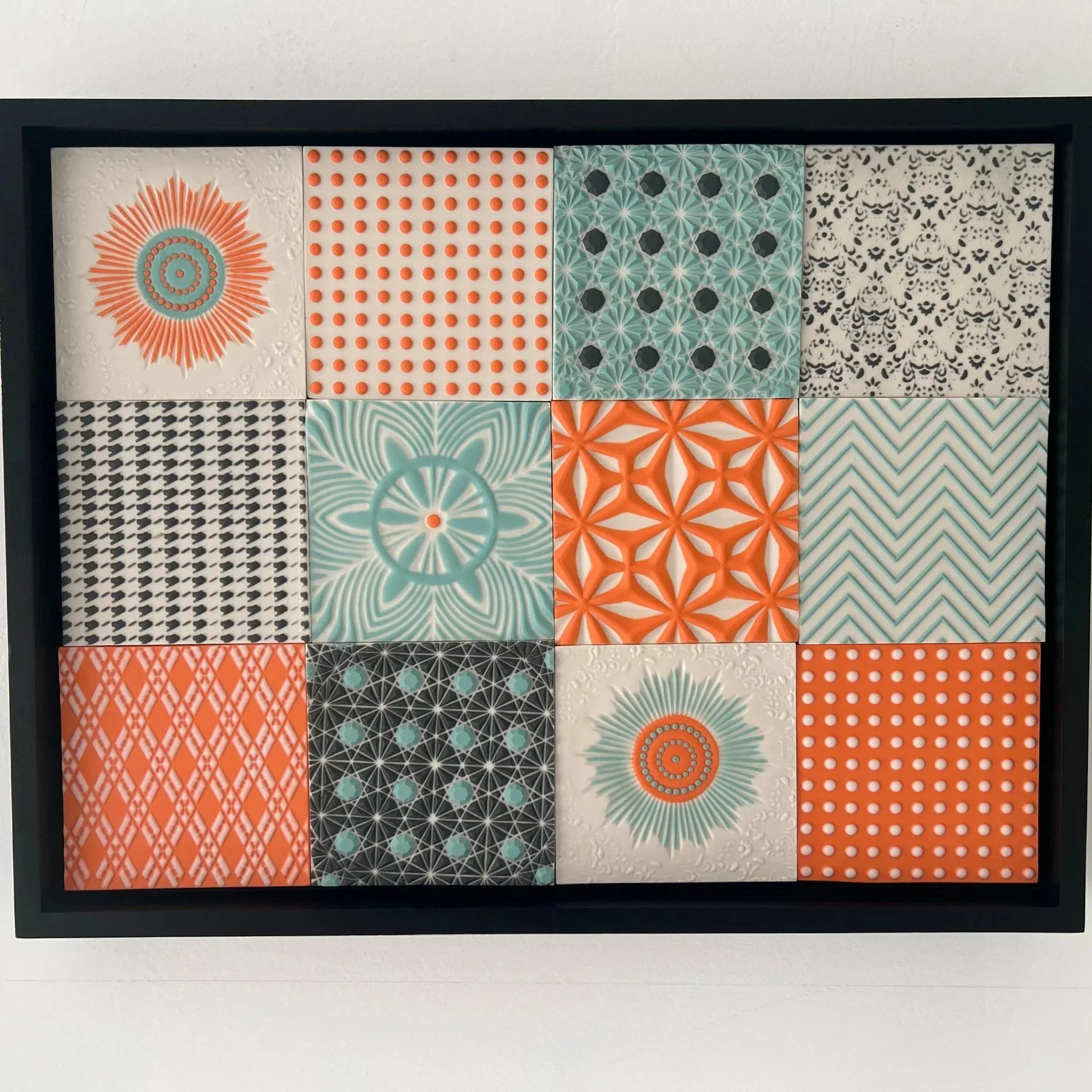 Orange, dark grey, turquoise and white tiles, 12"x16"