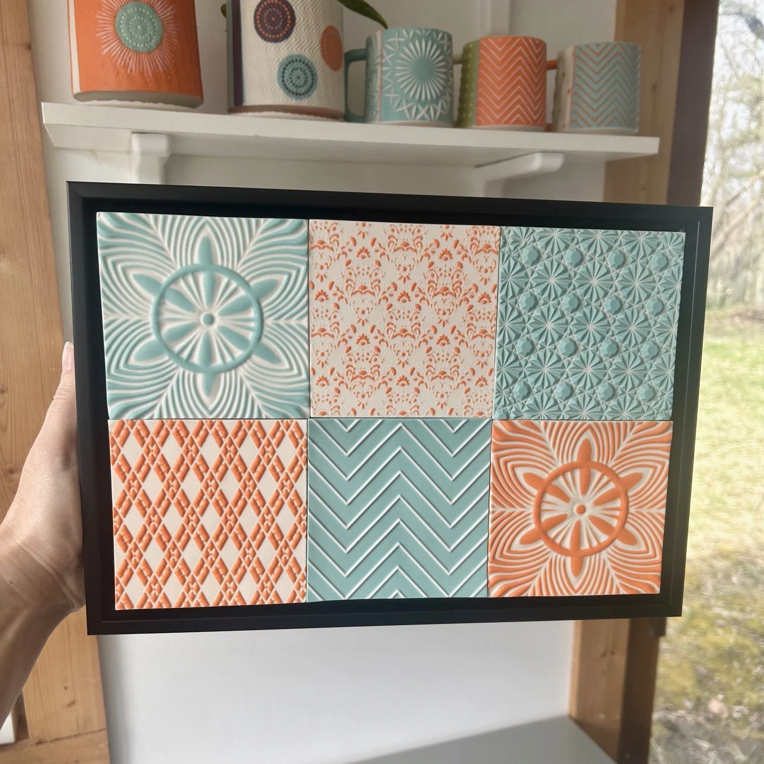 Light turquoise, orange and white tiles, 8"x12"