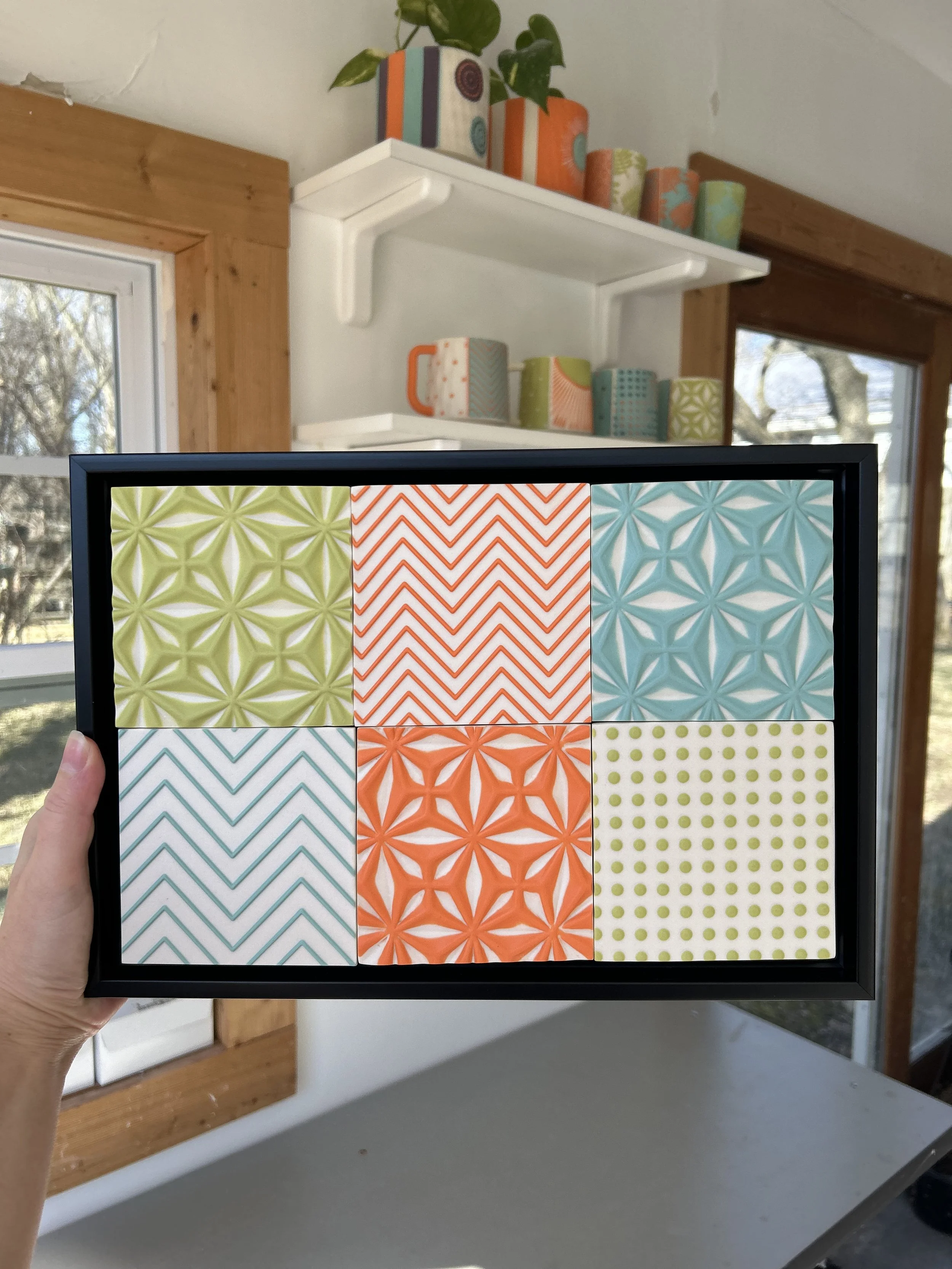 Chartreuse, orange, turquoise and white tiles, 8"x12"