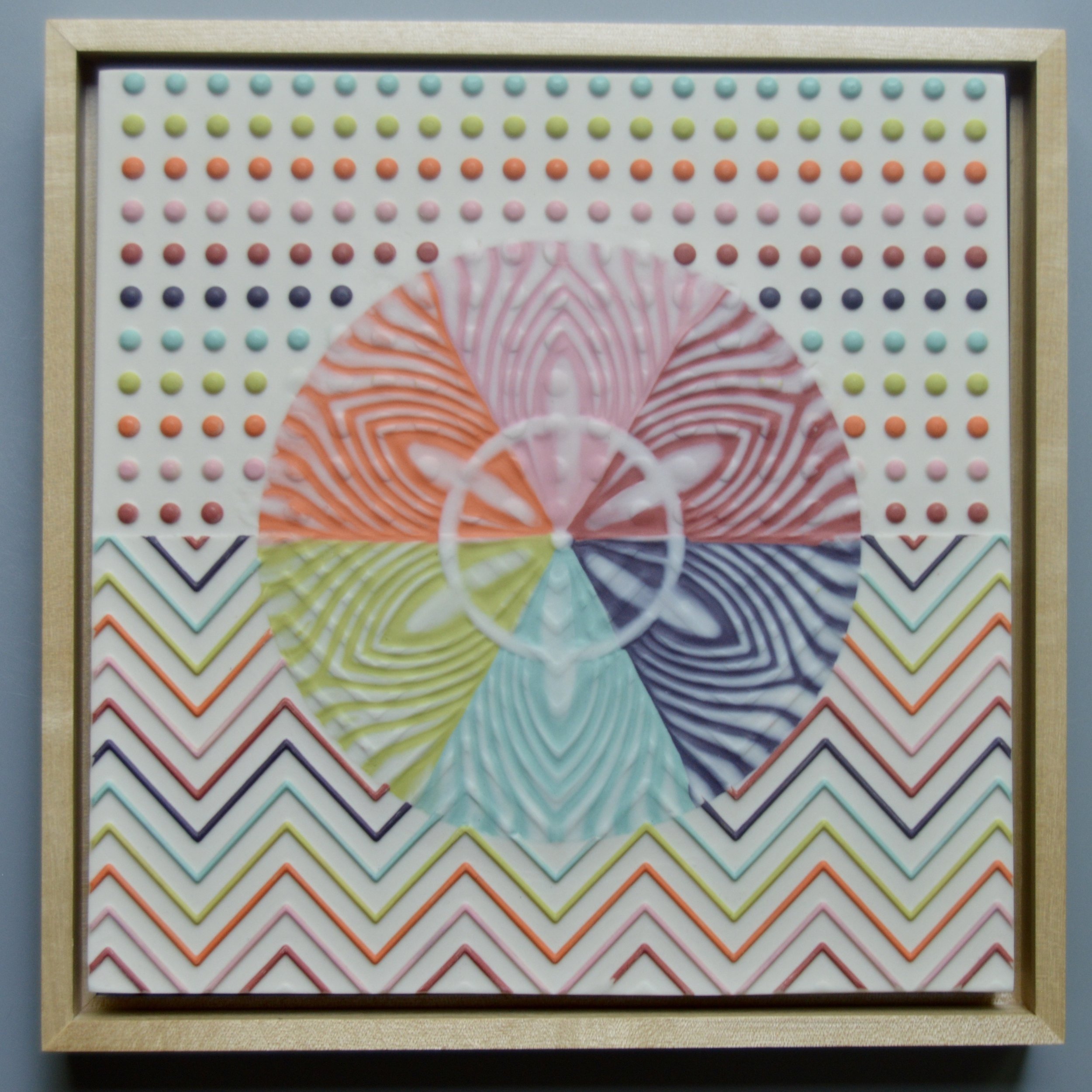 Rainbow Flower Tile in maple float frame. 8"x8"