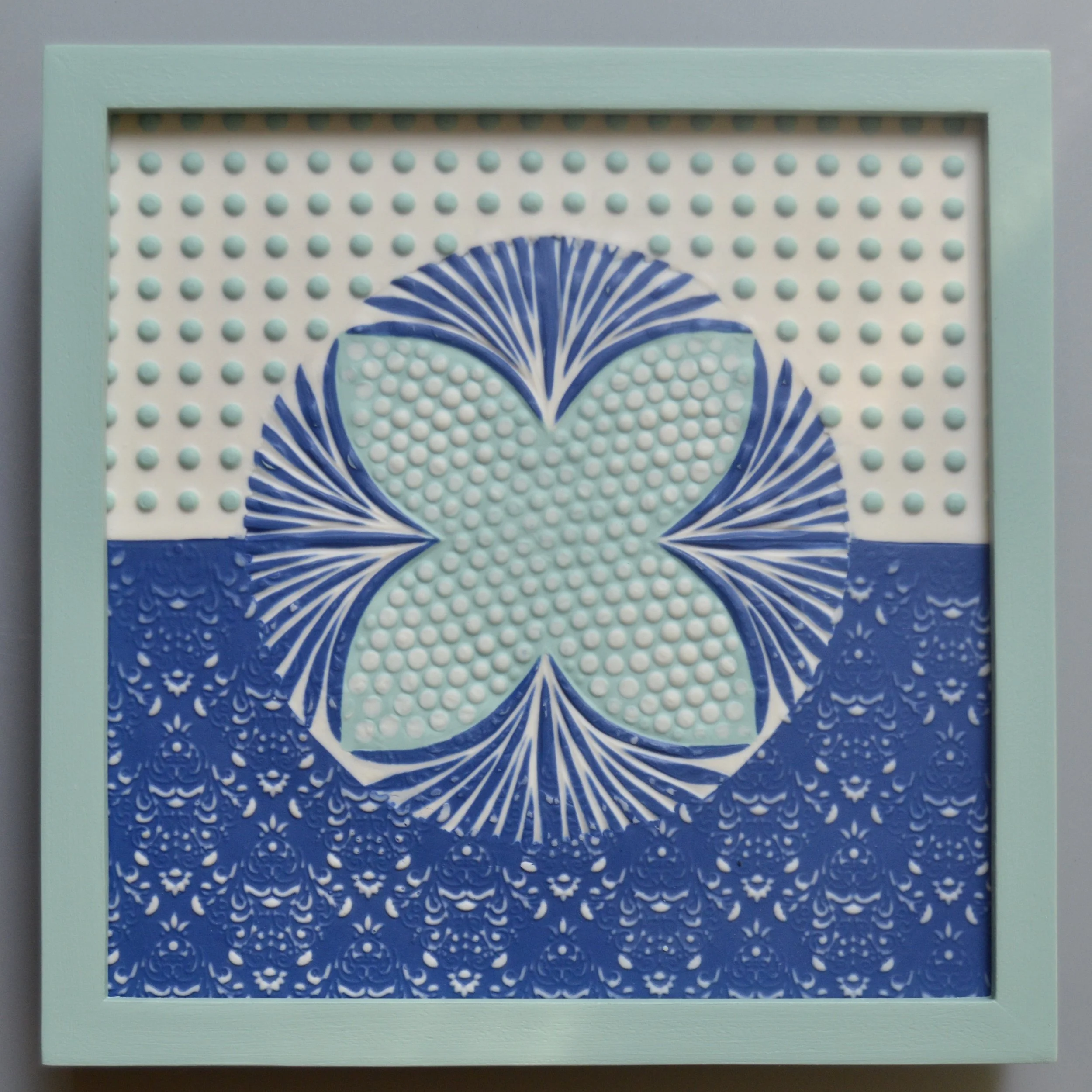 Criss Cross Tile in custom turquoise frame. 8"x8". 8"x8"