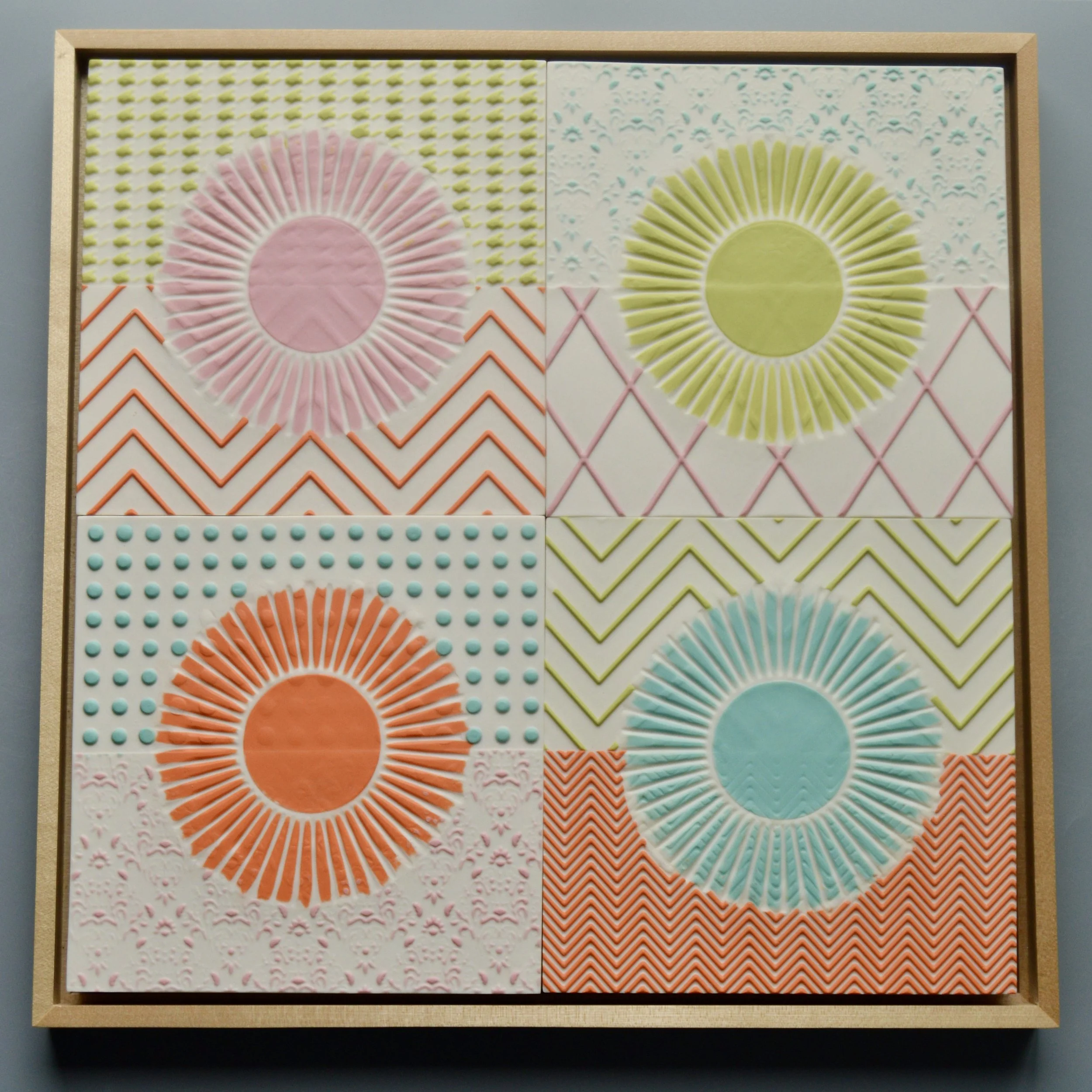 Sunburst tiles in pink, chartreuse, orange and turquoise, 12"x12"