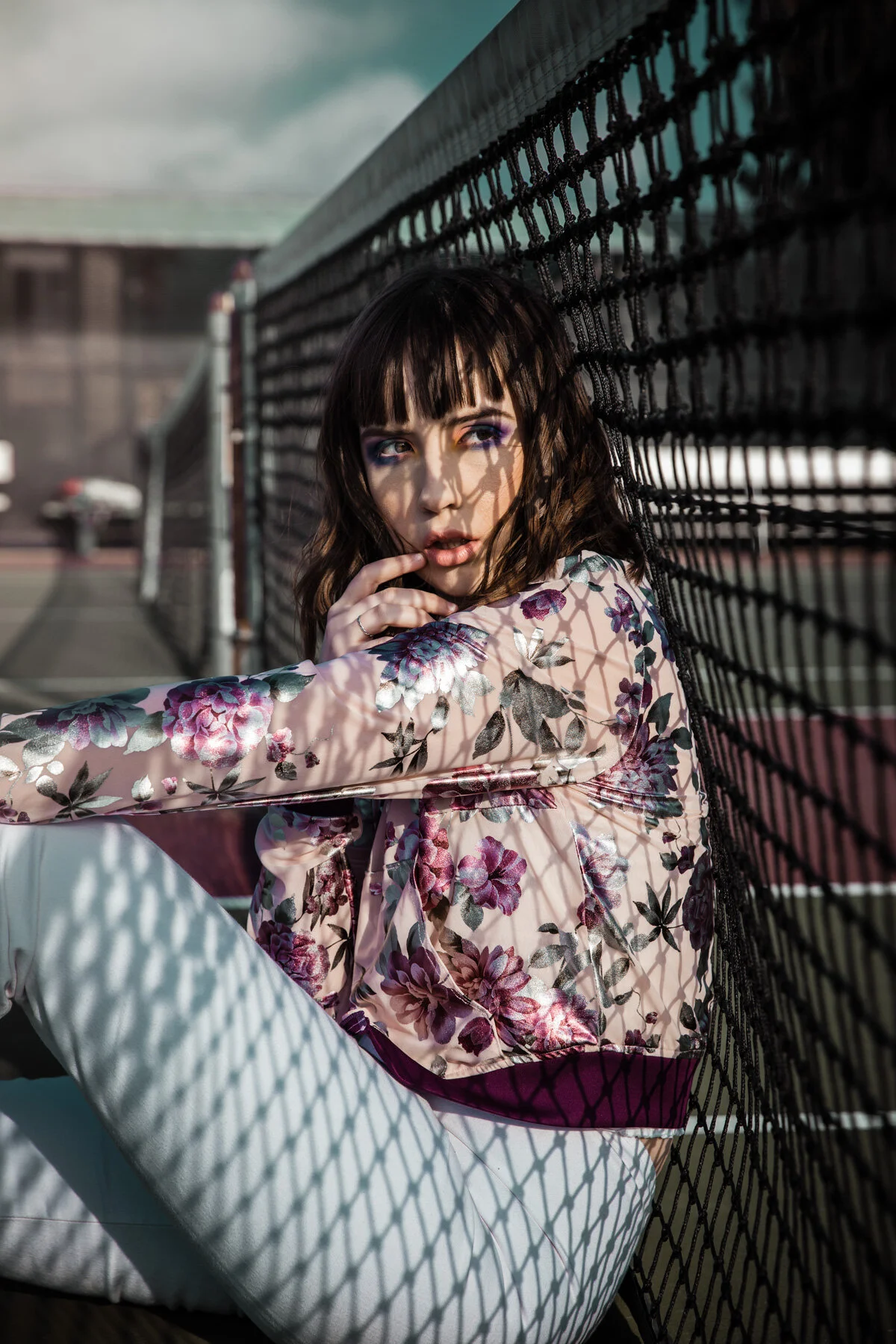 Pink Floral Metallic Mesh Girlfriend Bomber Jacket