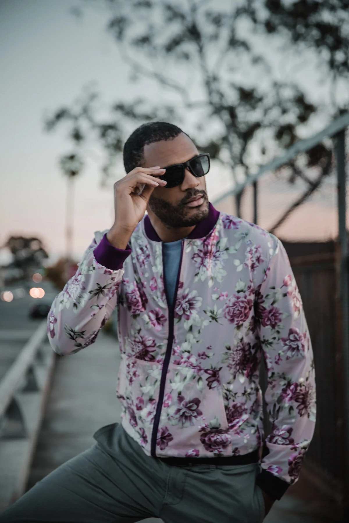 Pink Floral Metallic Mesh Boyfriend Bomber Jacket