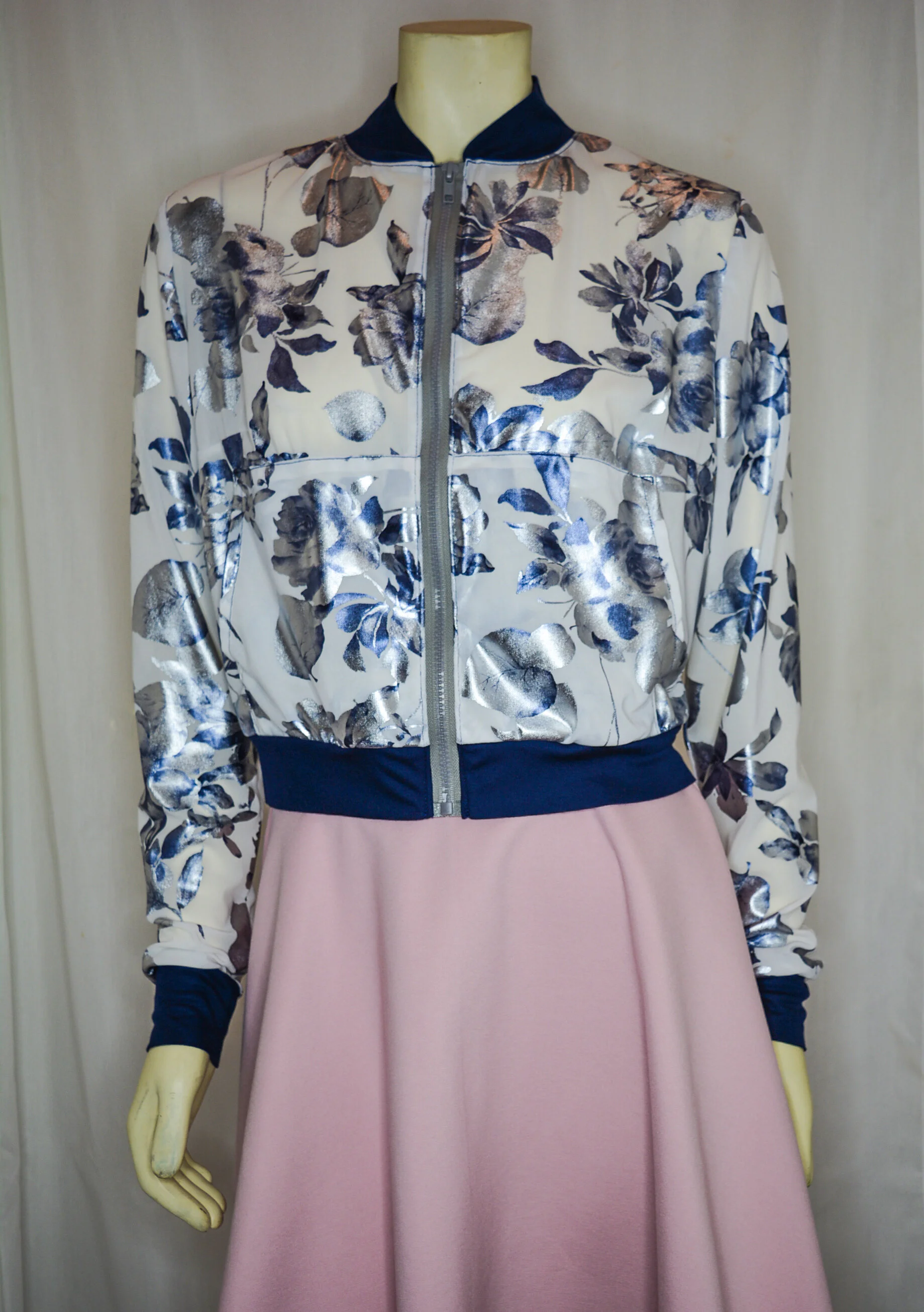 Blue-On-White Floral Metallic Mesh Girlfriend Bomber Jacket