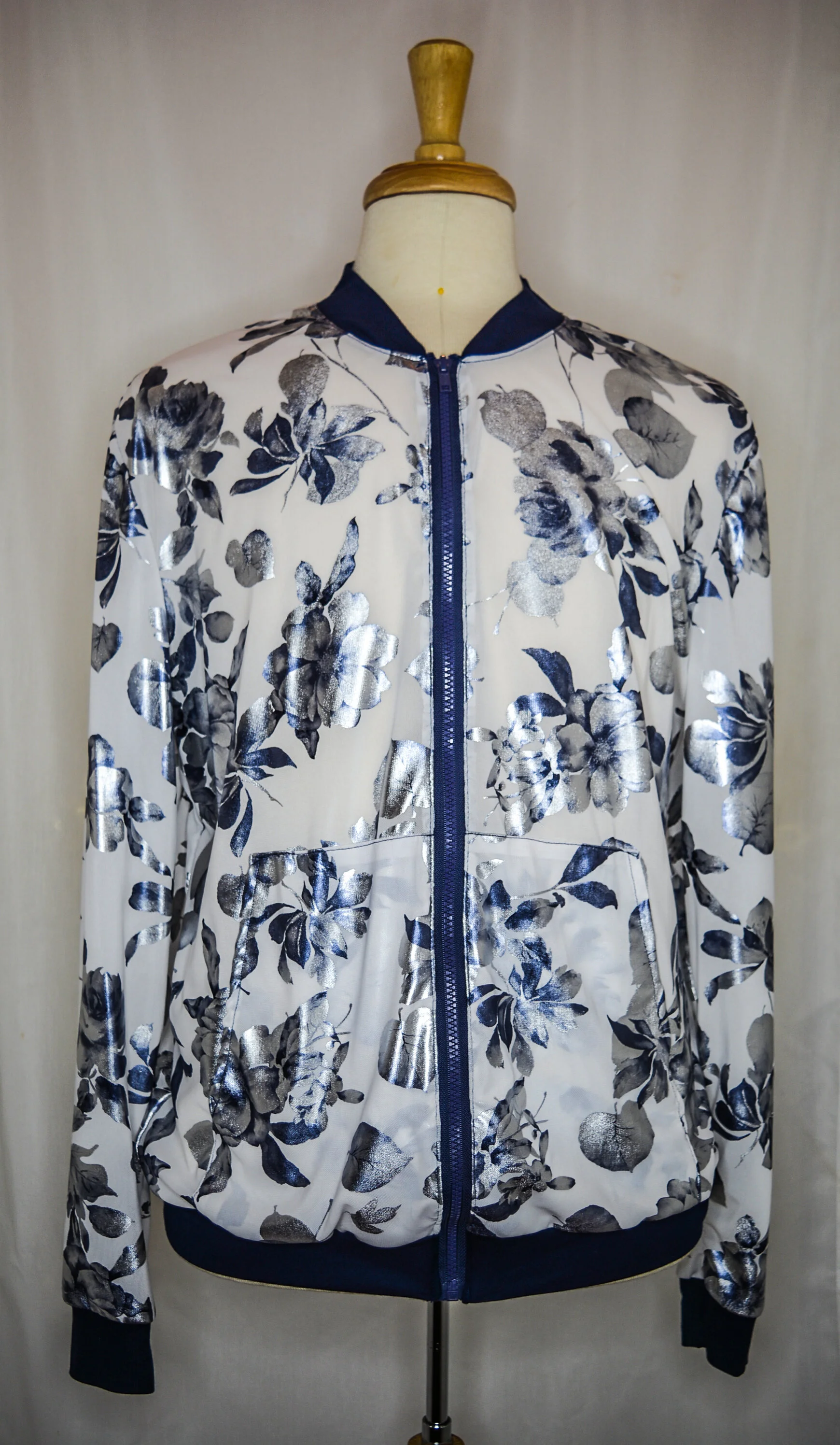 Blue-On-White Floral Metallic Mesh Boyfriend Bomber Jacket