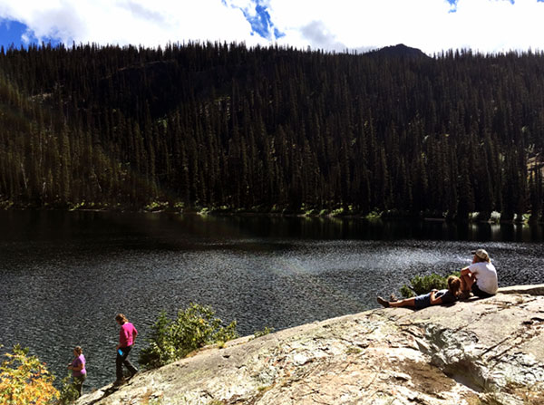 Enjoying the sunshine at Upper Holland Lake – six miles up!