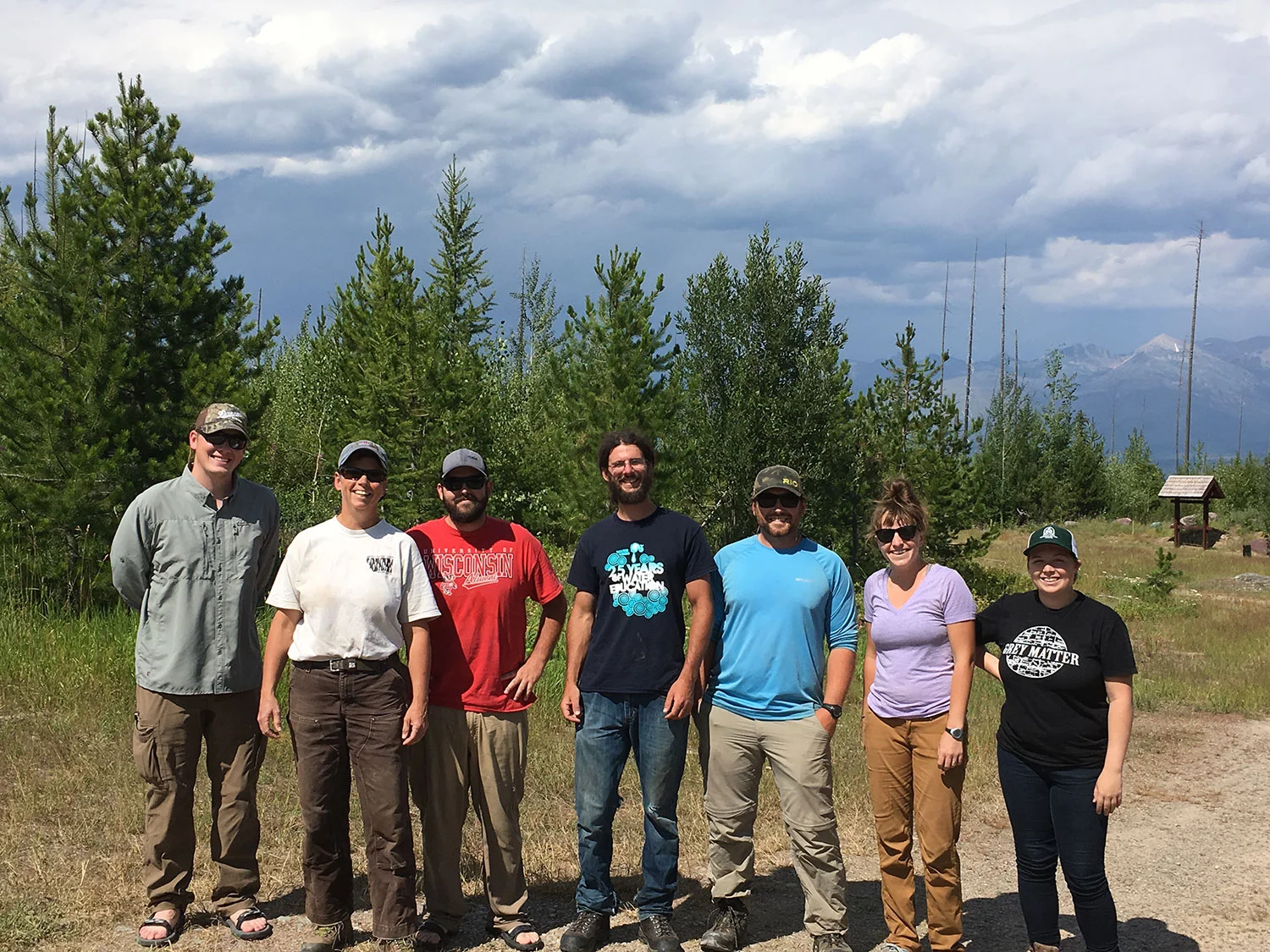 Backgrounded by a storm over the Swan Range, the electrofishing crew is all smiles after a day on Red Butte Creek.