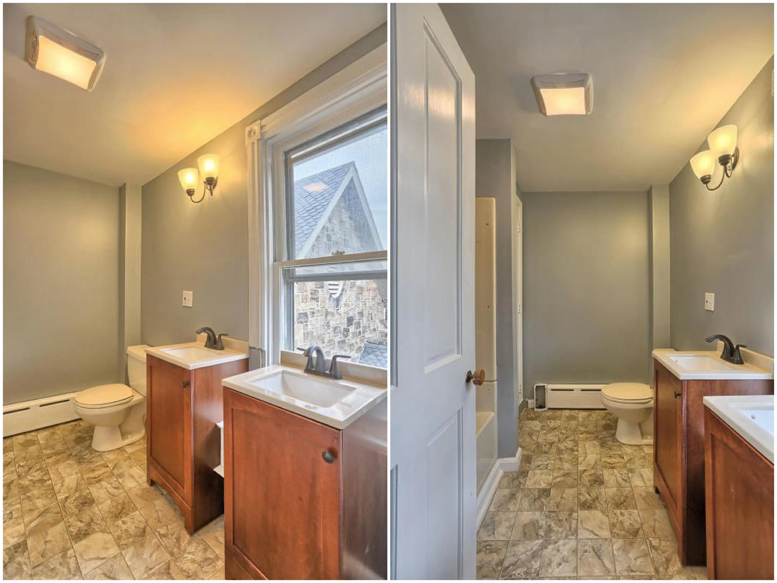 Admittedly this is much better than before but still not ideal. The sink and light are not aligned, the window frame has been cut out strangely and unprofessionally and the toilet was old and needed to be replaced.