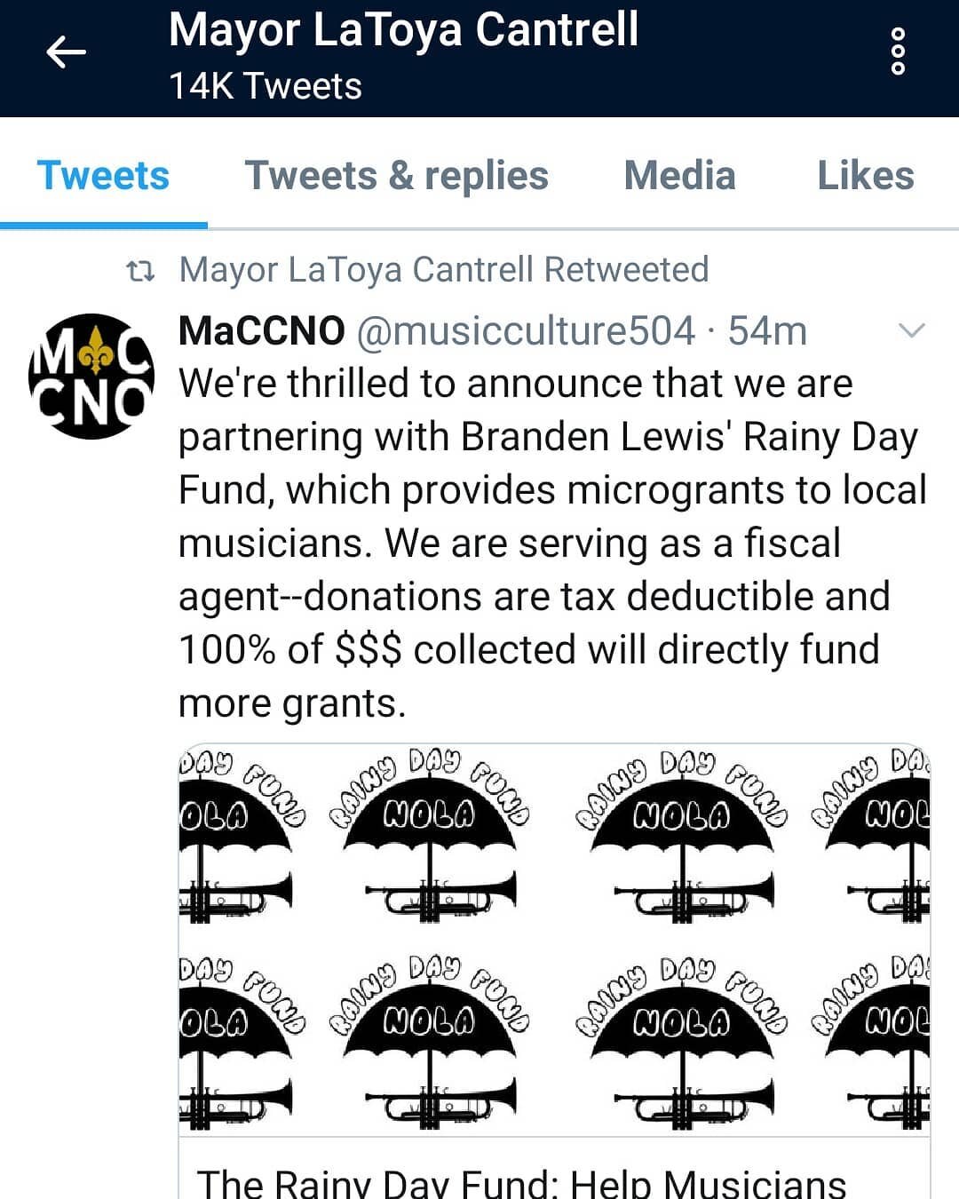 @mayorcantrell shared #rainydayfund on twitter❤