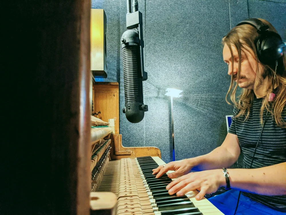 Pinhole upright piano and AEA stereo ribbon microphone